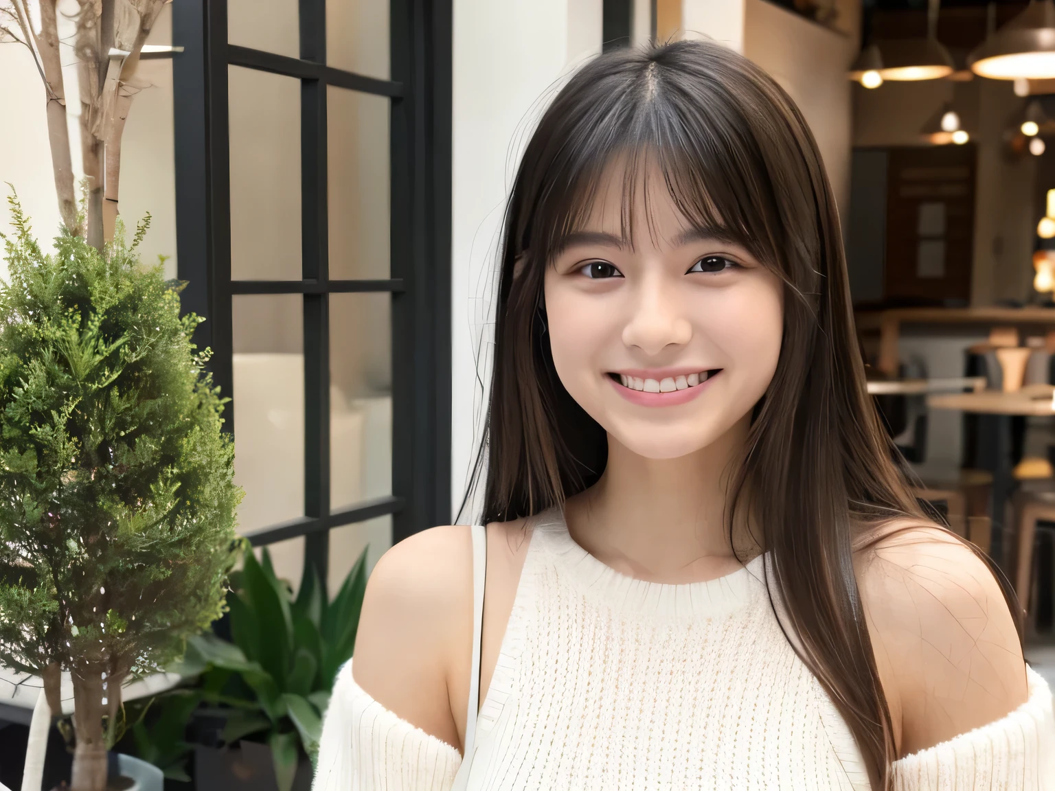 dull face , ​master piece , Best Quality , Long hair , a matural female , White sweater , Japanese , 20 yo,(((Upper body))) , Smile, in a cafe ,Face profile