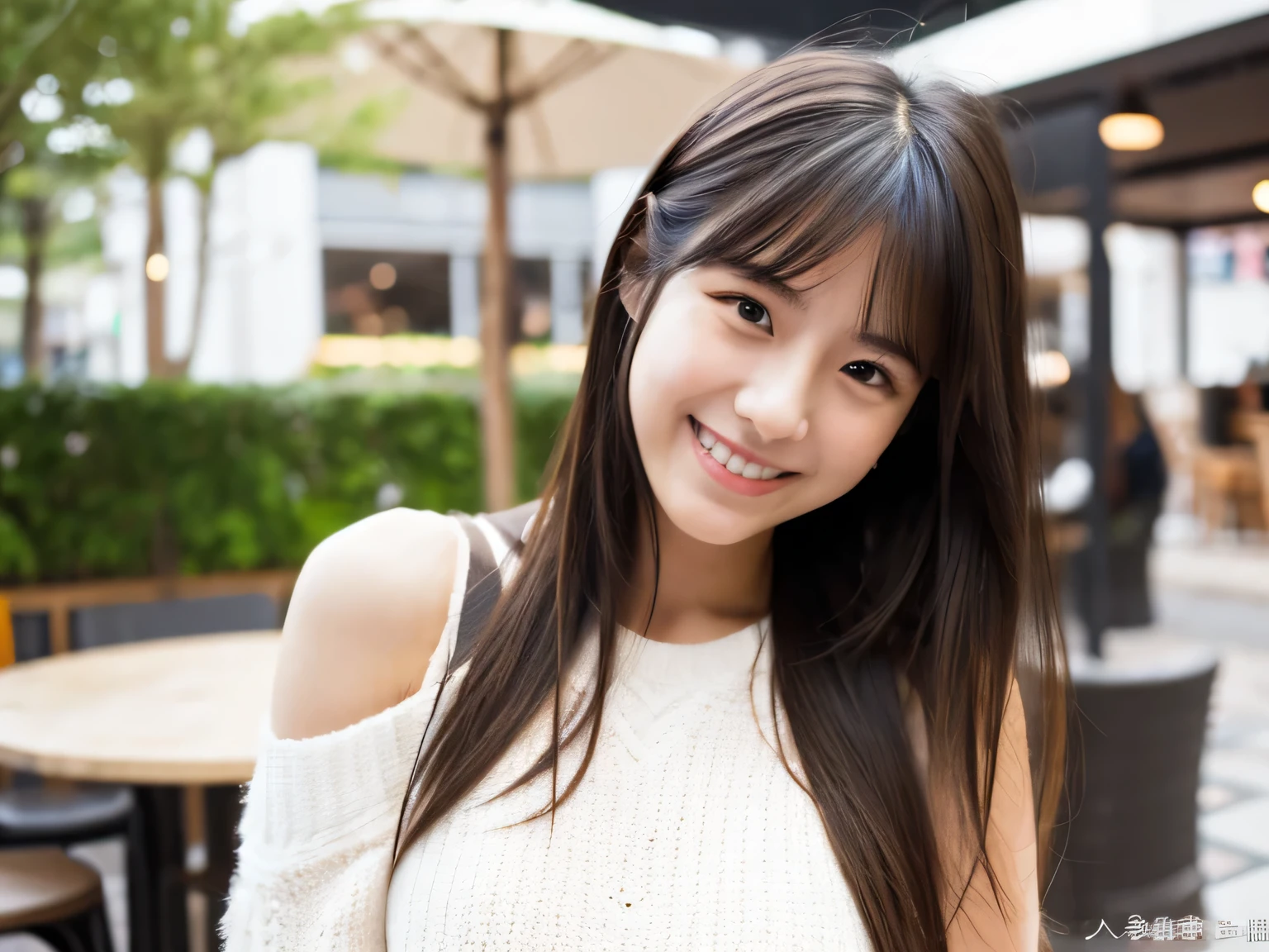 dull face , master piece , Best Quality , Long hair , a matural female , White sweater , Japanese , 20 yo,(((Upper body))) , Smile, in a cafe ,Face profile