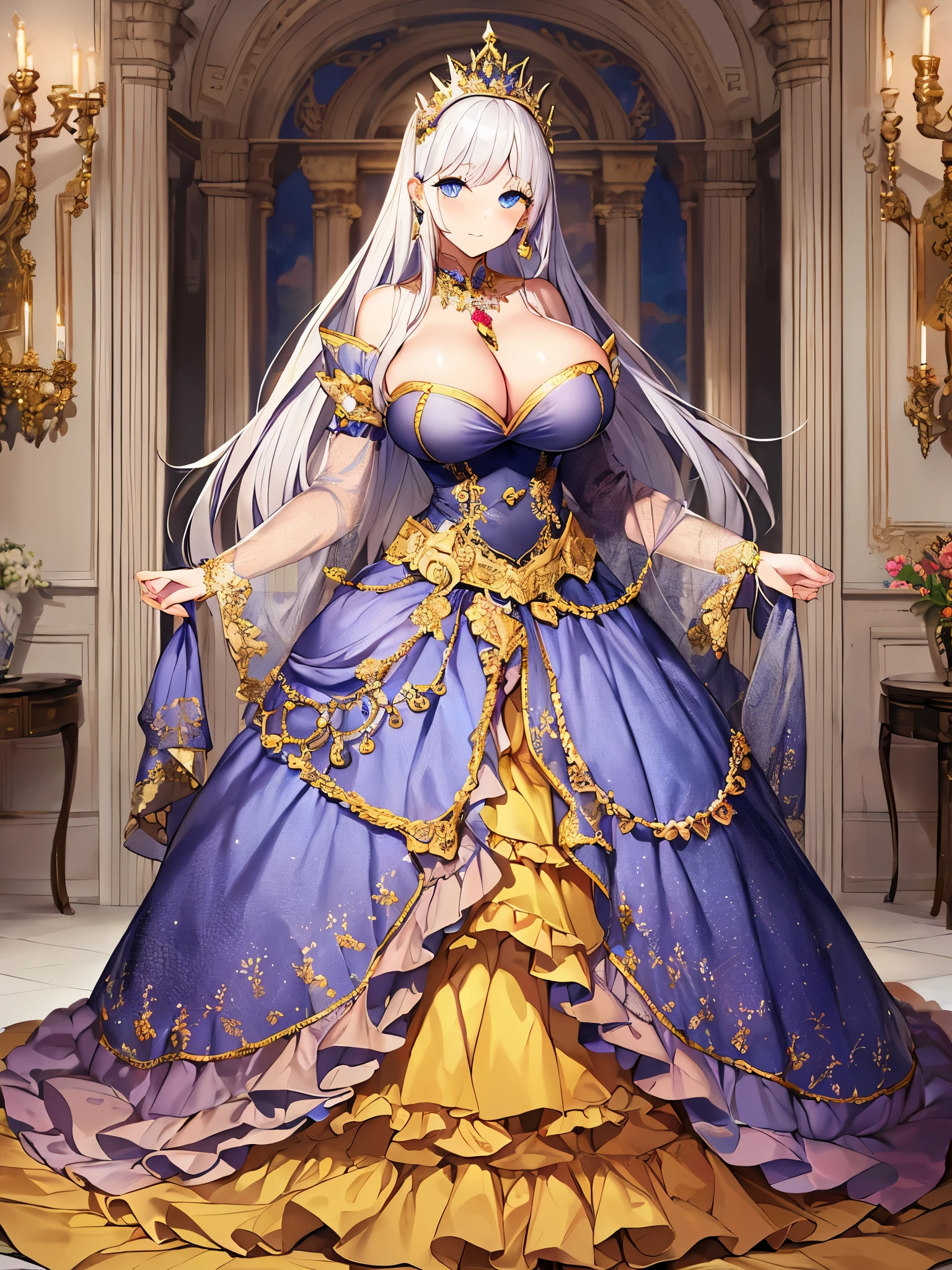 ((anime artstyle)),(Masterpiece),(Best Quality), (Super Detail),((Very Delicate and Beautiful)),(((Solo))),((full body)),(((1 princess in beautiful embroidery and jeweled gorgeous rococo princess ballgown with voluminous full length hoop skirt))),((crinoline,Long train)),((bling-bling)),(gorgeousfull embroidery and lace),(gorgeous gemstone jewelry),detailed face and eyes,jewel-like eyes,((extremely voluminous straight Hair,Very Long Straight Hair)),(((gigantic boobs))),cleavage,gorgeousfull hair ornament,((gorgeousfull jeweled tiara)),throne room,(standing in castle),luxury palace,Dynamic Angle,Looking at viewer,((beautiful embroidery and jeweled gorgeous rococo princess ballgown with voluminous full length hoop skirt))