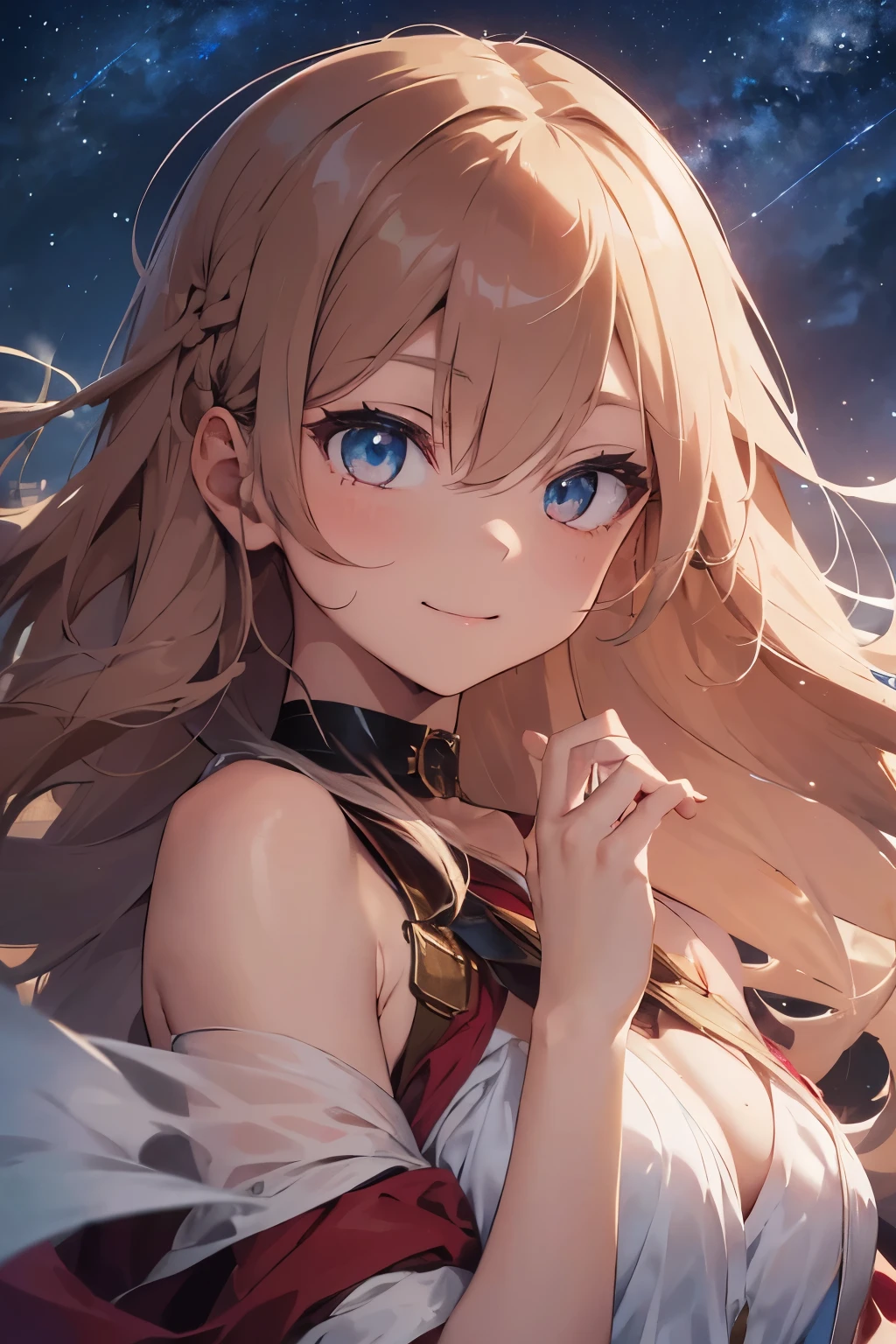 Beautiful fece, ​masterpiece, top-quality, hiqcgbody, animesque, 1girl in, Medium chest, portrait shot, Look at viewers,view front、Closing your mouth and smiling、huge smile、wetted skin, intricate detailes,>,((coverd)a closeup, straight-on, adult lady,Very long hair swaying in the wind、A woman dressed as Santa.:1.4、Red coat、Light blue hair、Her eyes shone like dreamy stars(radiant eyes:1.233)、(beautifully detailed eyes:1.1)、The background is fixed to the night sky、[[Delicate fingers and hands:0.55]::0.85]、(detail finger)、Light brown eyes、Light blue hair、Eyelift