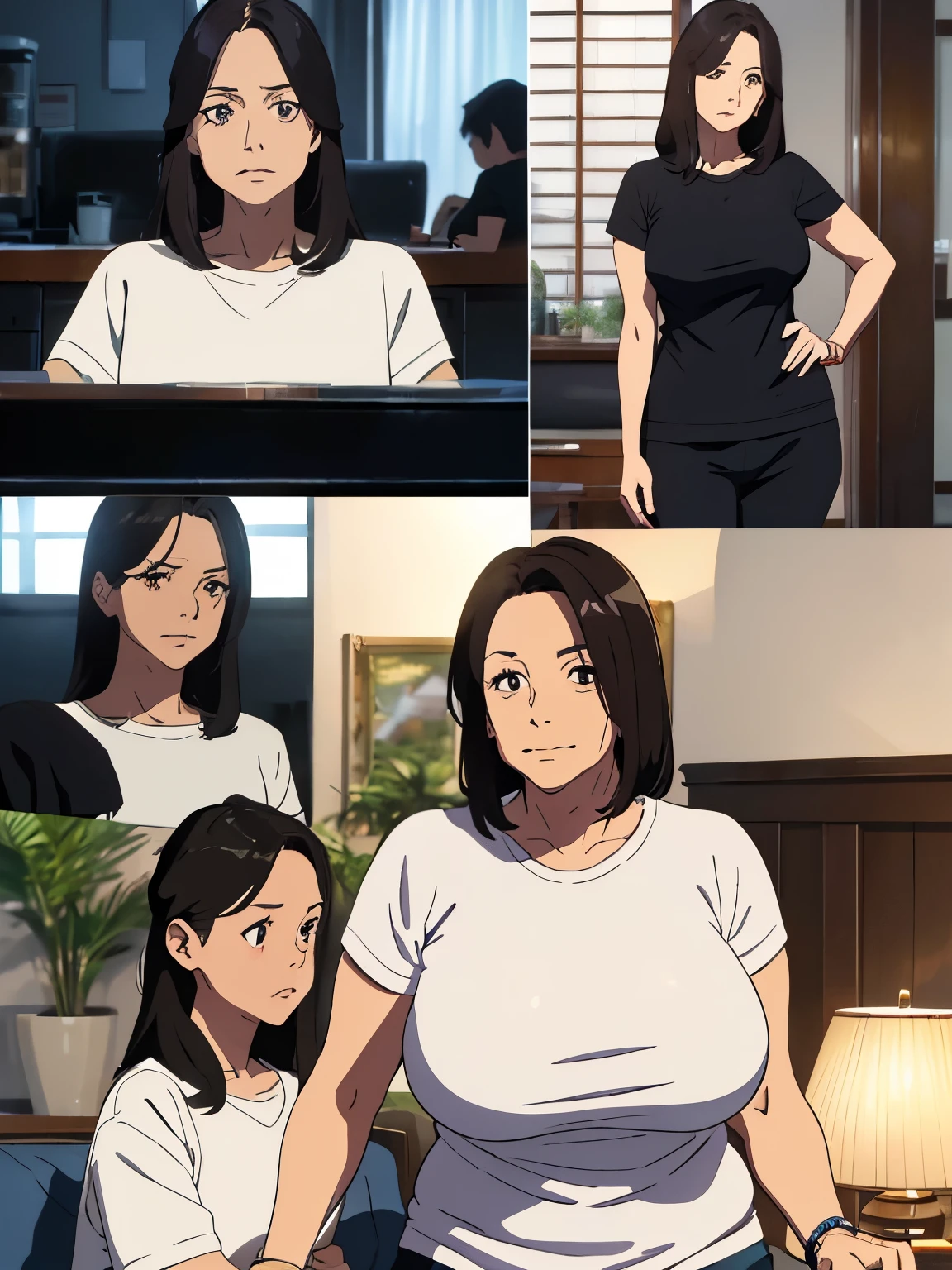 ((Best Quality,4K,8K,masutepiece)), 1woman,T-shirt, sweat pants, room slipper, sofa, A woman is sitting on the sofa and watching TV, (CharacterDesignSheet:1.3, Same character, front, Side, Back,Various expressions) , (multiple views), from below, (Anime style:1.3), (hyperdetailed body), (hyperdetailed Face), (Narrow eyes), (((tareme))), (((Mother:1.3))), (Mature Woman),(woman, 50 years old), (Large breasts:1.1), (Large buttocks:1.2), sagging breasts, droopy chest, Swaying breasts, bouncing breasts, Natural wrinkles, wrinkled Face, (Plump body:1.3), Chubby, Voluptuous, Dark hair, medium bob hair, Forehead, long Face, night, living room, Moody lighting, Japanese anime, (full body:1.3),