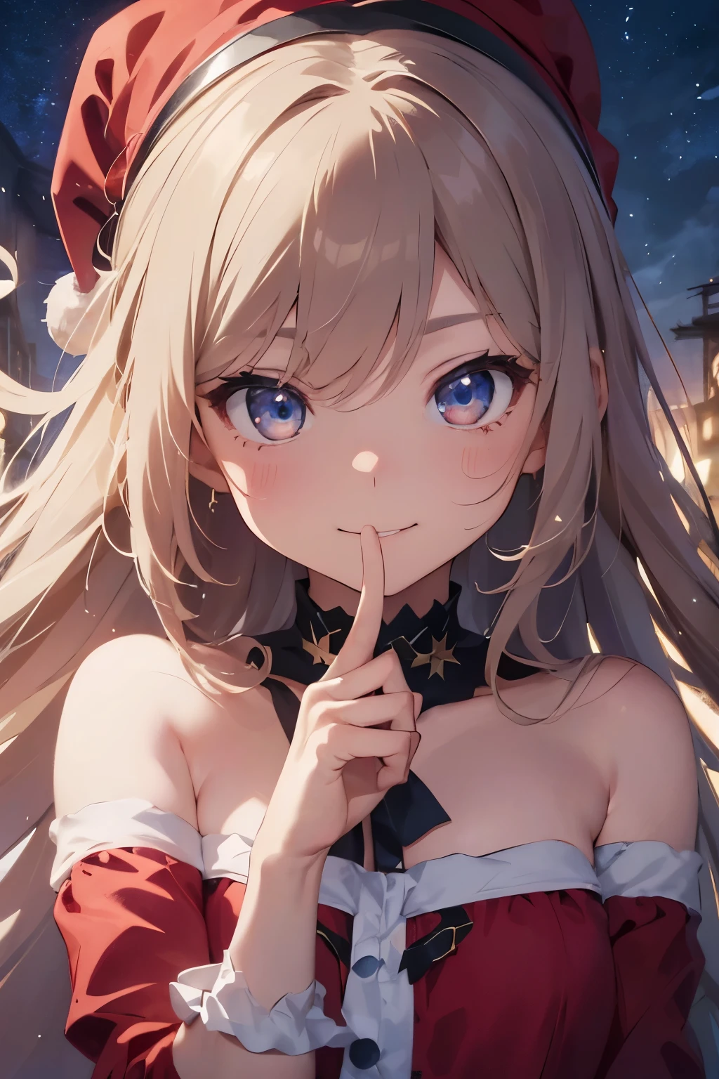 Beautiful fece, ​masterpiece, top-quality, hiqcgbody, animesque, 1girl in, Medium chest, portrait shot, Look at viewers,view front、Closing your mouth and smiling、huge smile、wetted skin, intricate detailes,>,((coverd)a closeup, straight-on, adult lady,Very long hair swaying in the wind、A woman dressed as Santa.:1.4、Red coat、Light blue hair、Her eyes shone like dreamy stars(radiant eyes:1.233)、(beautifully detailed eyes:1.1)、The background is fixed to the night sky、[[Delicate fingers and hands:0.55]::0.85]、(detail finger)、Light brown eyes、Light blue hair、Eyelift