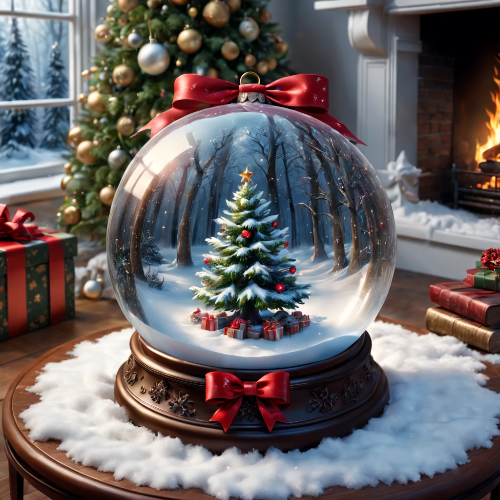 Alice's Christmas Gift: a crystal ball, On the base Decorated with red bow, sparkly snowflakes, magical atmosphere, glowing lights, mystical visions, enchanting winter scenery, delicate details, snowy forest, cozy fireplace, shimmering dress, twinkling stars, joyful anticipation, ethereal glow, festive decorations, holiday spirit, dreamlike setting, whispered wishes, surreal enchantment, captivating magic, whimsical wonderland, frosty breath, heartwarming surprise, glittering ornaments, mesmerizing reflections, magical creatures, serene tranquility, cherished memories, dazzling , festive cheer, gleaming crystals, twinkling eyes, twinkling snow, shimmering trees, joyful laughter, delicate snowflakes, sparkling joy, winter enchantment. (best quality,4k,8k,highres,masterpiece:1.2),ultra-detailed,(realistic,photorealistic,photo-realistic:1.37), HDR, UHD, studio lighting, vivid colors.