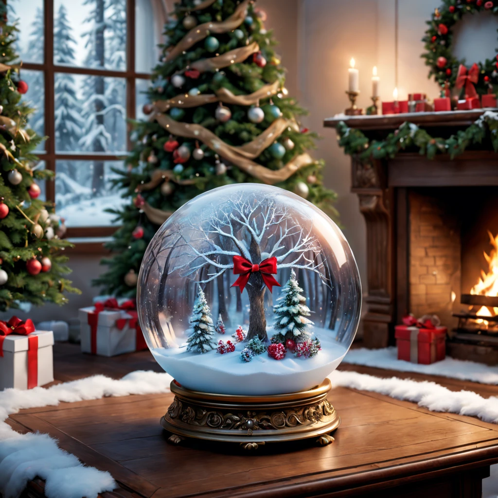 Alice's Christmas Gift: a crystal ball, On the base Decorated with red bow, sparkly snowflakes, magical atmosphere, glowing lights, mystical visions, enchanting winter scenery, delicate details, snowy forest, cozy fireplace, shimmering dress, twinkling stars, joyful anticipation, ethereal glow, festive decorations, holiday spirit, dreamlike setting, whispered wishes, surreal enchantment, captivating magic, whimsical wonderland, frosty breath, heartwarming surprise, glittering ornaments, mesmerizing reflections, magical creatures, serene tranquility, cherished memories, dazzling , festive cheer, gleaming crystals, twinkling eyes, twinkling snow, shimmering trees, joyful laughter, delicate snowflakes, sparkling joy, winter enchantment. (best quality,4k,8k,highres,masterpiece:1.2),ultra-detailed,(realistic,photorealistic,photo-realistic:1.37), HDR, UHD, studio lighting, vivid colors.