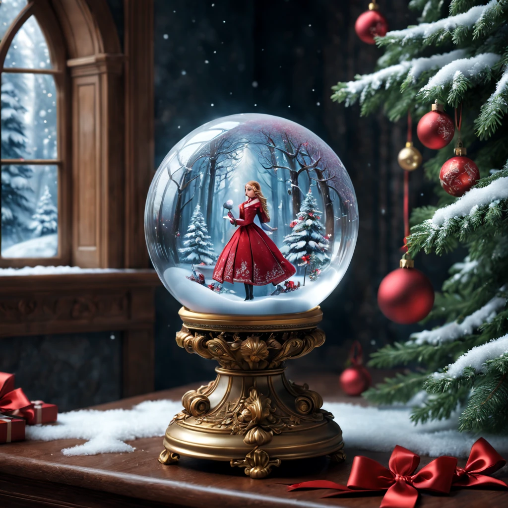 Alice's Christmas Gift: a crystal ball, On the base Decorated with red bow, sparkly snowflakes, magical atmosphere, glowing lights, mystical visions, enchanting winter scenery, delicate details, snowy forest, cozy fireplace, shimmering dress, twinkling stars, joyful anticipation, ethereal glow, festive decorations, holiday spirit, dreamlike setting, whispered wishes, surreal enchantment, captivating magic, whimsical wonderland, frosty breath, heartwarming surprise, glittering ornaments, mesmerizing reflections, magical creatures, serene tranquility, cherished memories, dazzling , festive cheer, gleaming crystals, twinkling eyes, twinkling snow, shimmering trees, joyful laughter, delicate snowflakes, sparkling joy, winter enchantment. (best quality,4k,8k,highres,masterpiece:1.2),ultra-detailed,(realistic,photorealistic,photo-realistic:1.37), HDR, UHD, studio lighting, vivid colors.
