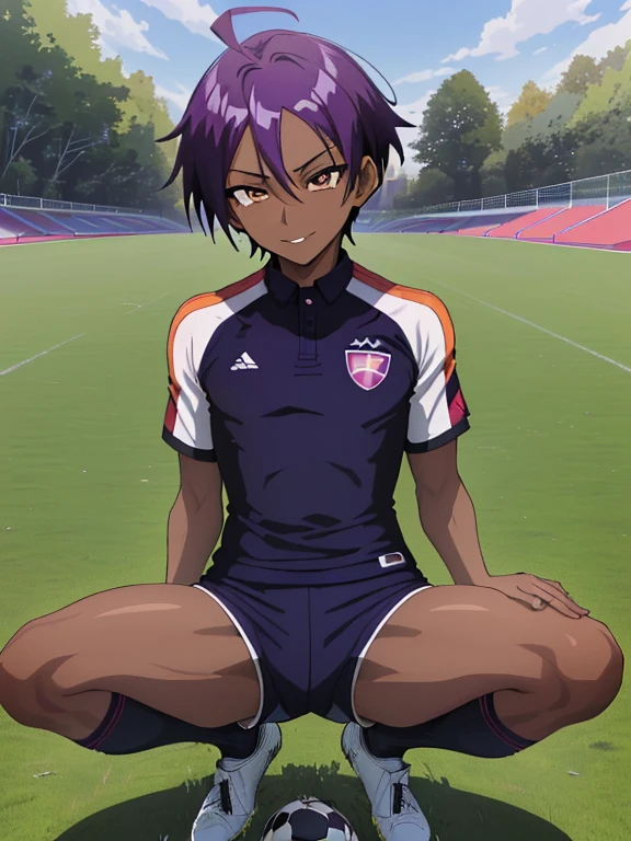 (((Official art,superfine illustration,hight resolution, masutepiece, best qualtiy,Best Quality,)))hightquality, detaileds, (A little boy),12 years old, A young ace striker male idol with a super cute face,A boy as beautiful as Planding, Cool handsome face with smile, soccer spike, Long legs, thighs thighs thighs thighs, Foots, Bulge, (Purple hair、Spiky hairstyle)、Shiny hair, (tight shiny orange soccer uniform suit), (tight and shiny soccer shorts), (Soccer Socks), tussock, Cool pose, (厚いthighs thighs thighs thighs、Seduce your big ass to your crotch)、(((soccer field in the park)))、((cocky、))、Smirk、Spread legs,Ultra-fine painting, (Best Quality, 4K, 8K, hight resolution, masutepiece:1.2),(((Being aware of the sexual gaze of middle-aged gay men)))、Service Shots、(((Dark skin)))、((detailedsな目:1.2))、kawaii eyes、