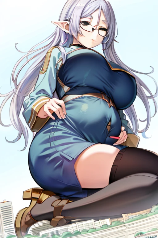 Giant maiden，Moe two-dimensional style，Pregnancy status，Round belly, Huge breasts, Thick thighs，Gaze at the bustling city, Lying down, Glasses, Full body