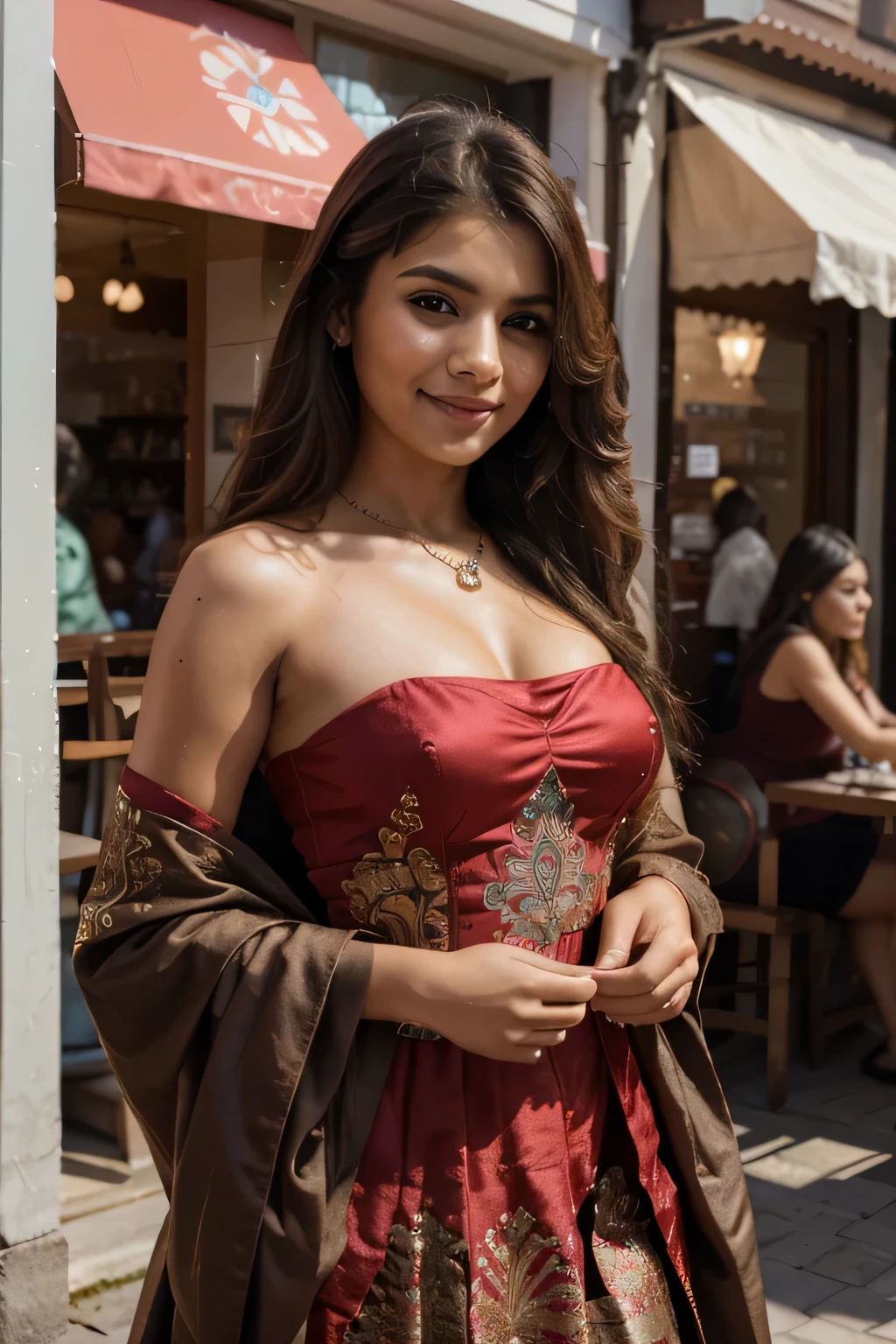 Prompts
Txt2Img
/imagine she is looking directly into the camara (selfie plan 1.4)portrait of A confident-looking indian woman princess with long flowing hair, hazel eyes, Smiling, walking, looking front, jewellary color red, Red lawn color, covering both shoulders, Coffee shop background, bokeh perfect composition, hyperrealistic, super detailed, talking on mobile, 8k, high quality, trending art, trending on artstation, sharp focus, photo shoot, intricate details, highly detailed, art by greg rutkowski a small smile on her face. her dress must cover her brest. looks like a traditional girl. her bodie is fully covered eith the red dress