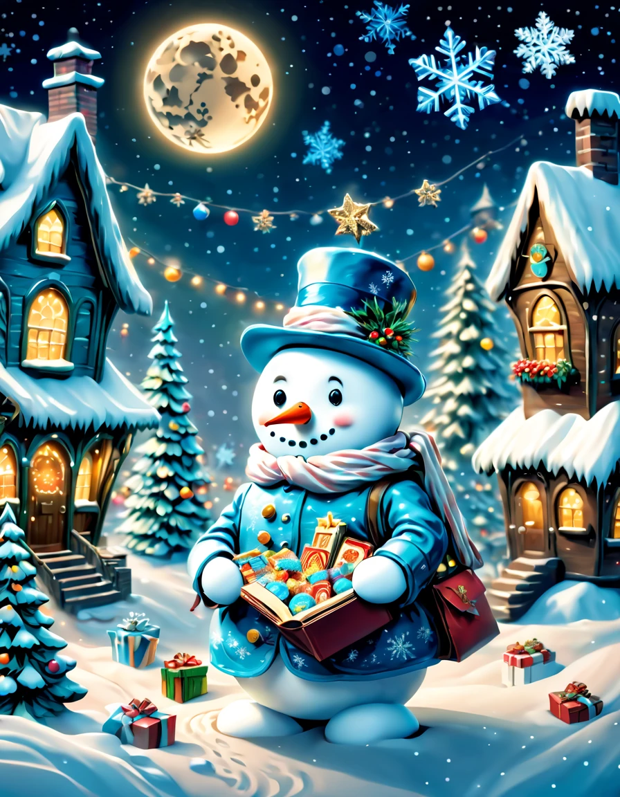 (tmasterpiece),(ultra - detailed: 1.3),Best quality at best,Sparkling,Fantasy Christmas World,(Christmas in the style of Van Gogh: 1.5), themoon,(Snowy night in Christmas town),((Cute vector snowman holding a book and a bag of candy, Pour snowflakes into gift box,The robin lands on the snowman's head,Christmas elements)),Christmas tree,Sweets and snacks,sucrose,((Christmas gift box)), and decorations, Lovely design style, natta,sky sky,moon full,Shown in this beautiful scene, Vibrant colors,1.Realism increased by 4 times,hyper HD,(Very meticulous,Reasonable design,Clear lines,High- sharpness,tmasterpiece,offcial art,movie light effect,8K, Ultra-high saturation,Super high natural saturation)