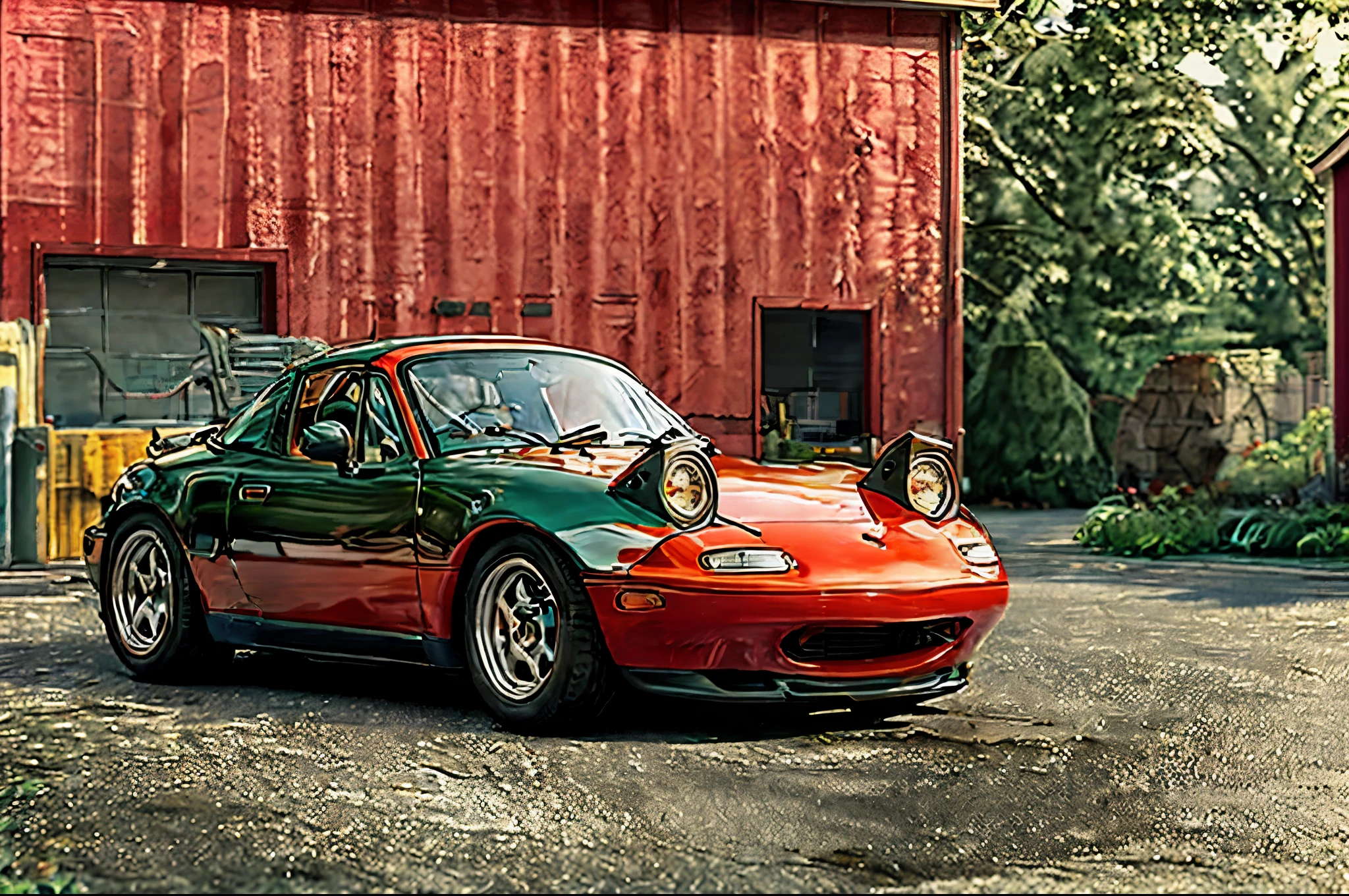 The Allafard RED Porsche 964 is parked in front of the garage, Highly detailed hyperreal retro, Porsche 964, Porsche 964,, Ultra-detailed 3D rendering, Ultra-detailed 3D rendering, Porsche 964, 3D Ultra-Realistic Rendering, veranda, hyper realistic rendering, hyper realistic 3 d render, hyper real render，Mender，tailed，Porsche 964，