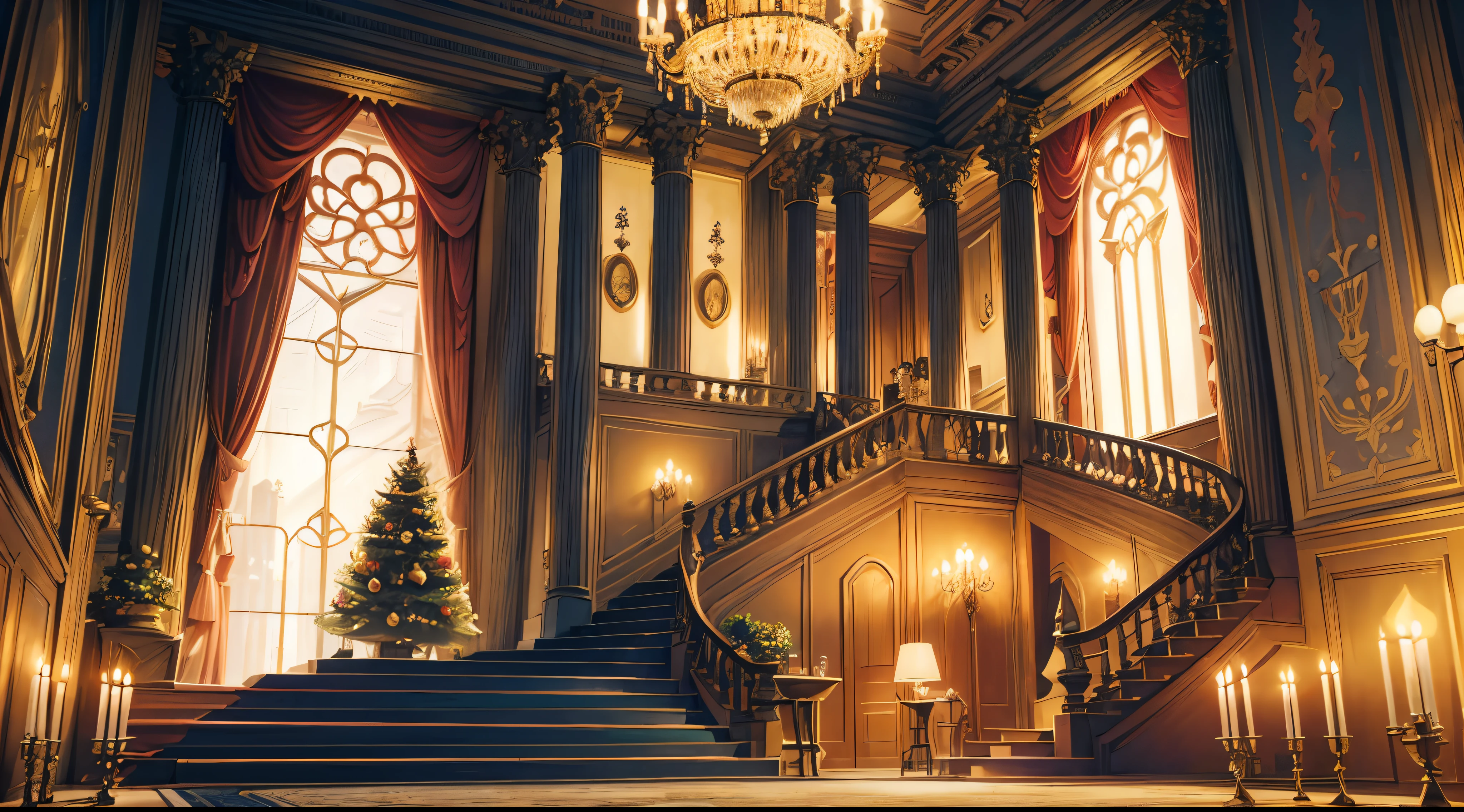 Bright, (((cArtoon style))), (inside a large rich hall of a house with New Year&#39;s decorations), ((night time)), Christmas, stairs in the background, leading to the second floor, and a window with rich velvet curtains., rich house inside, No snow, no human, illustration for children, fantasy Art, Masterpiece, Detailed, Intricate, 4k, Art