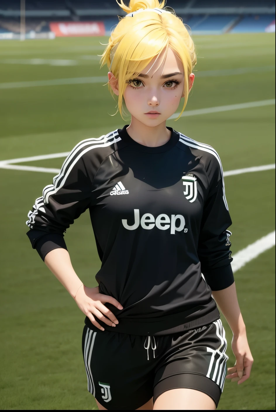 cute girl, soccer player, Wearing a Juventus tracksuit, football, soccer player, Juventus Football Club, Short yellow hair, on the field, Girl playing
