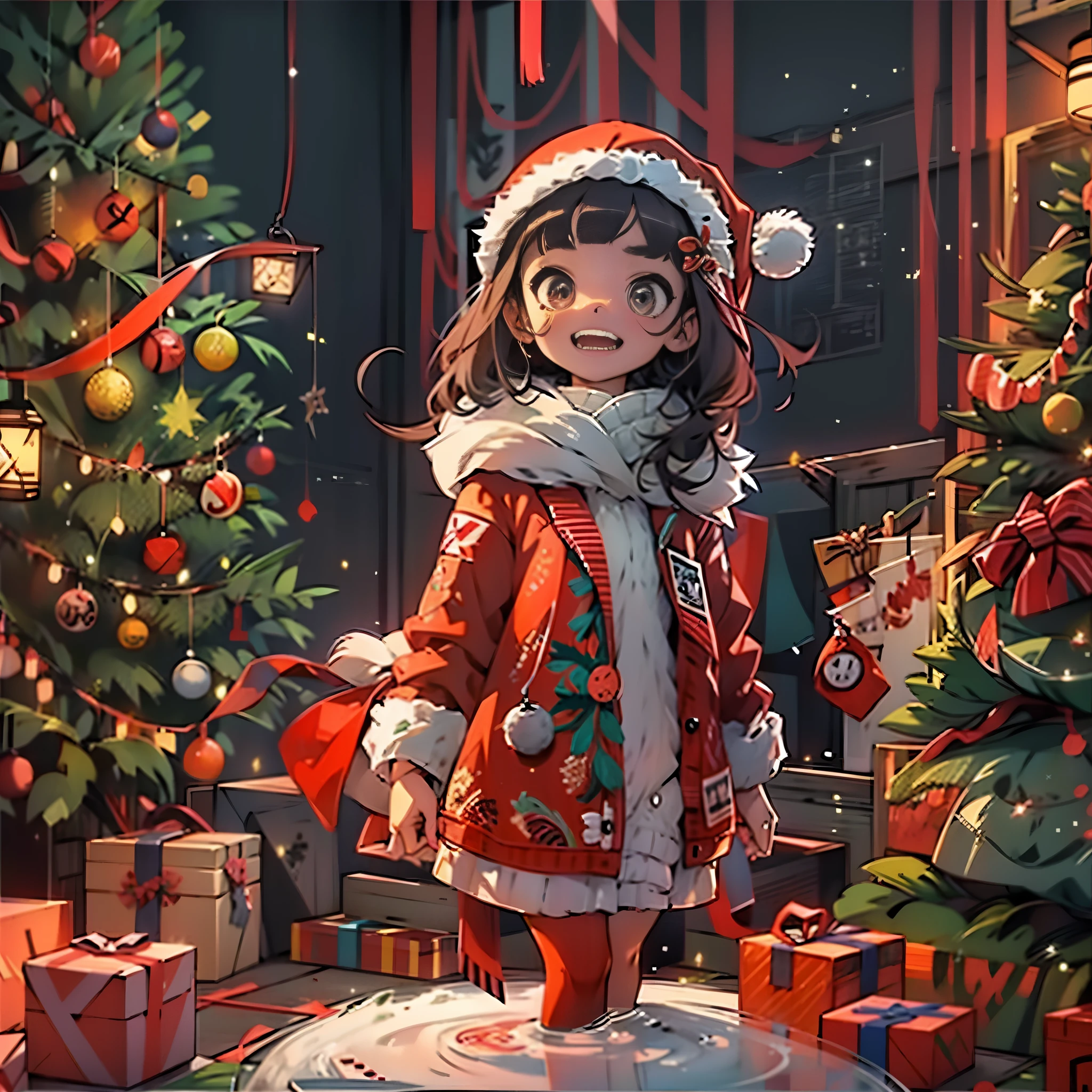 christmas，enviroment，A cute girl，wearing christmas clothes，Accept gifts，Anatomical correct，（high high quality），（A high resolution）,The content is very detailed，8k,high qulity，high detal