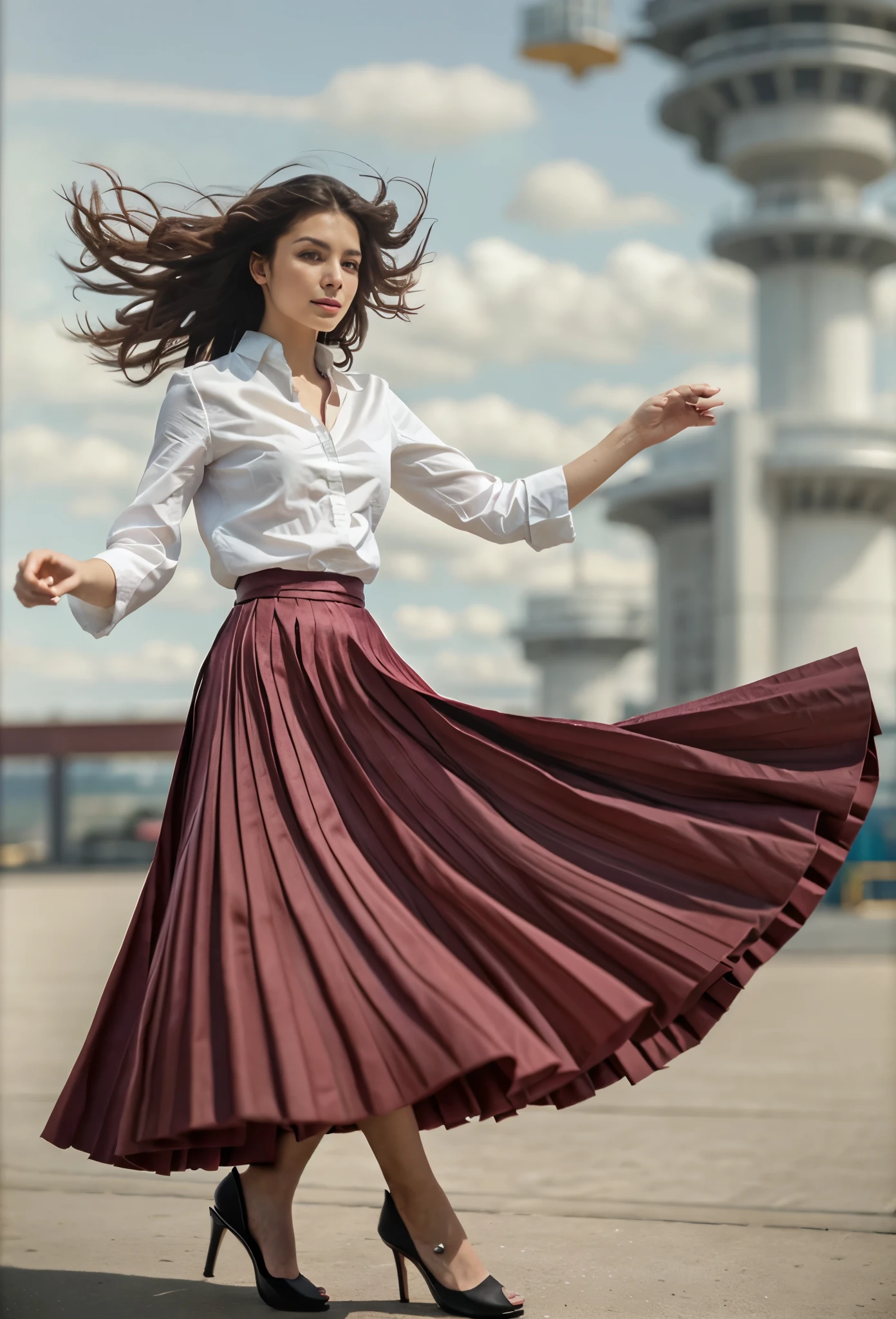 (shy:1,1) (authentic:1,5) woman playing with skirt, dancing on a space ship, wearing short blazer and very very detailed (long (fully pleated) full circle skirt) and (low heeled) office shoes, very very intricate hyper-detailed symmetric (attractive graceful young feminine face) with (sad, tired eyes and a shy smile), large breasts, full of empathy and compassion and love, (pronounced (feminine) features), (highly detailed ultra accurate realistic) hands and fingers, (windy conditions and wind blowing), epic composition, highly detailed attributes, highly detailed space station background, (35mm f1.4 Kodak portra 400 photograph), extremely high quality RAW photograph,