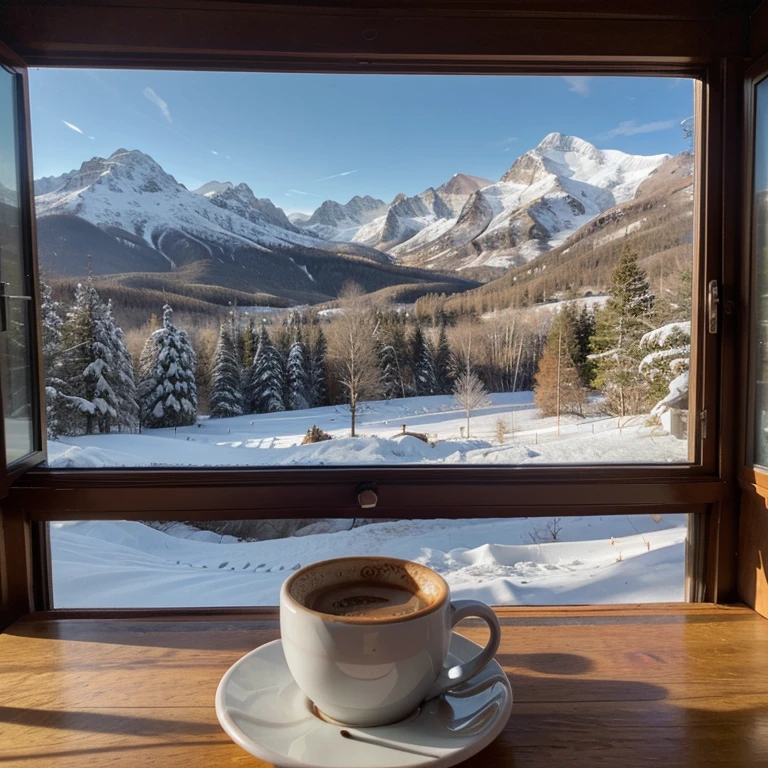 Cup of hot coffee in the foreground, winter mountain landscape in the background as window view