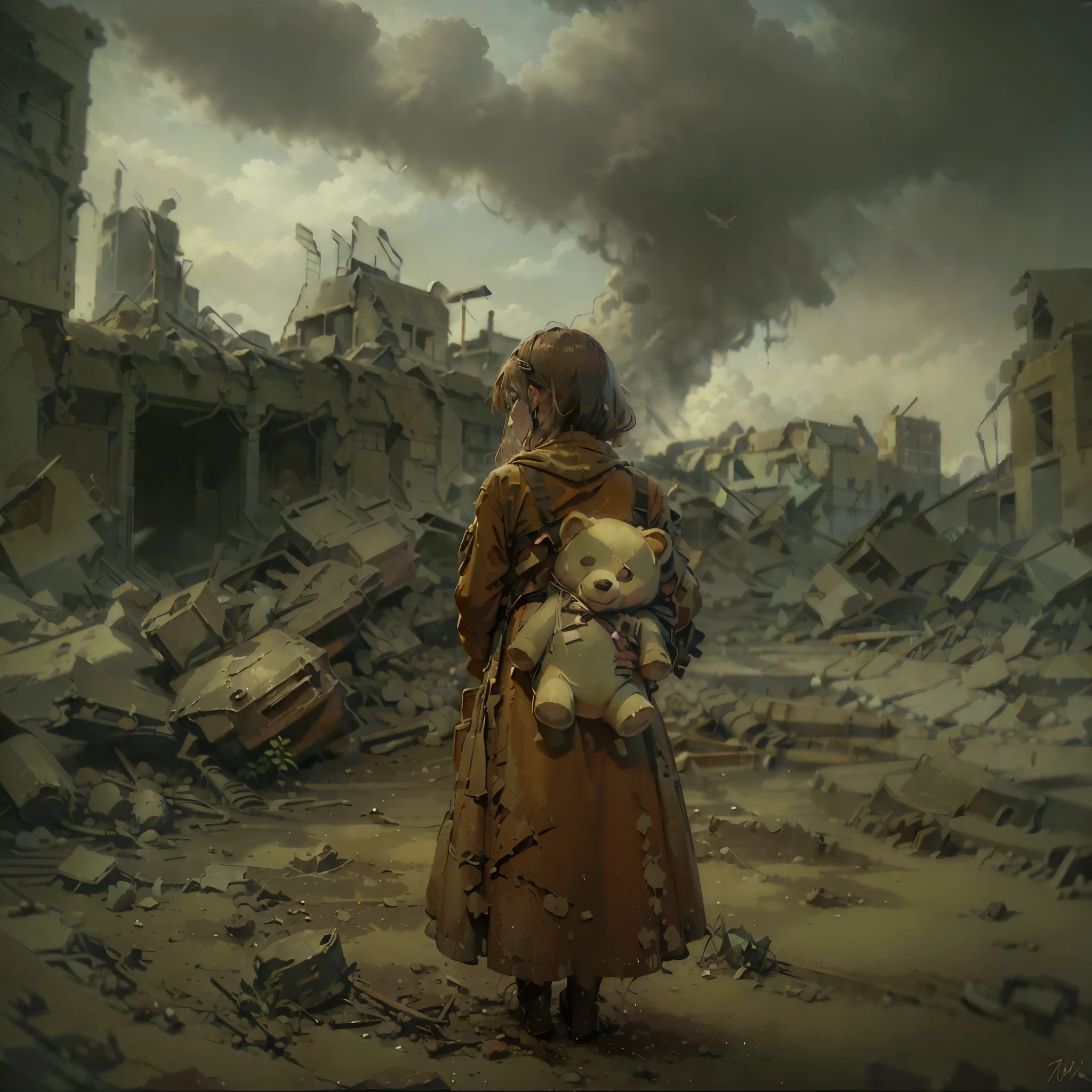 A girl wearing a long wartime red dress，Carrying the back of a bear doll，Ruins of war，disorderly。（Very wide angle shot，The focus is on the back of the character）The background of the photo is、A dusty apocalyptic scene