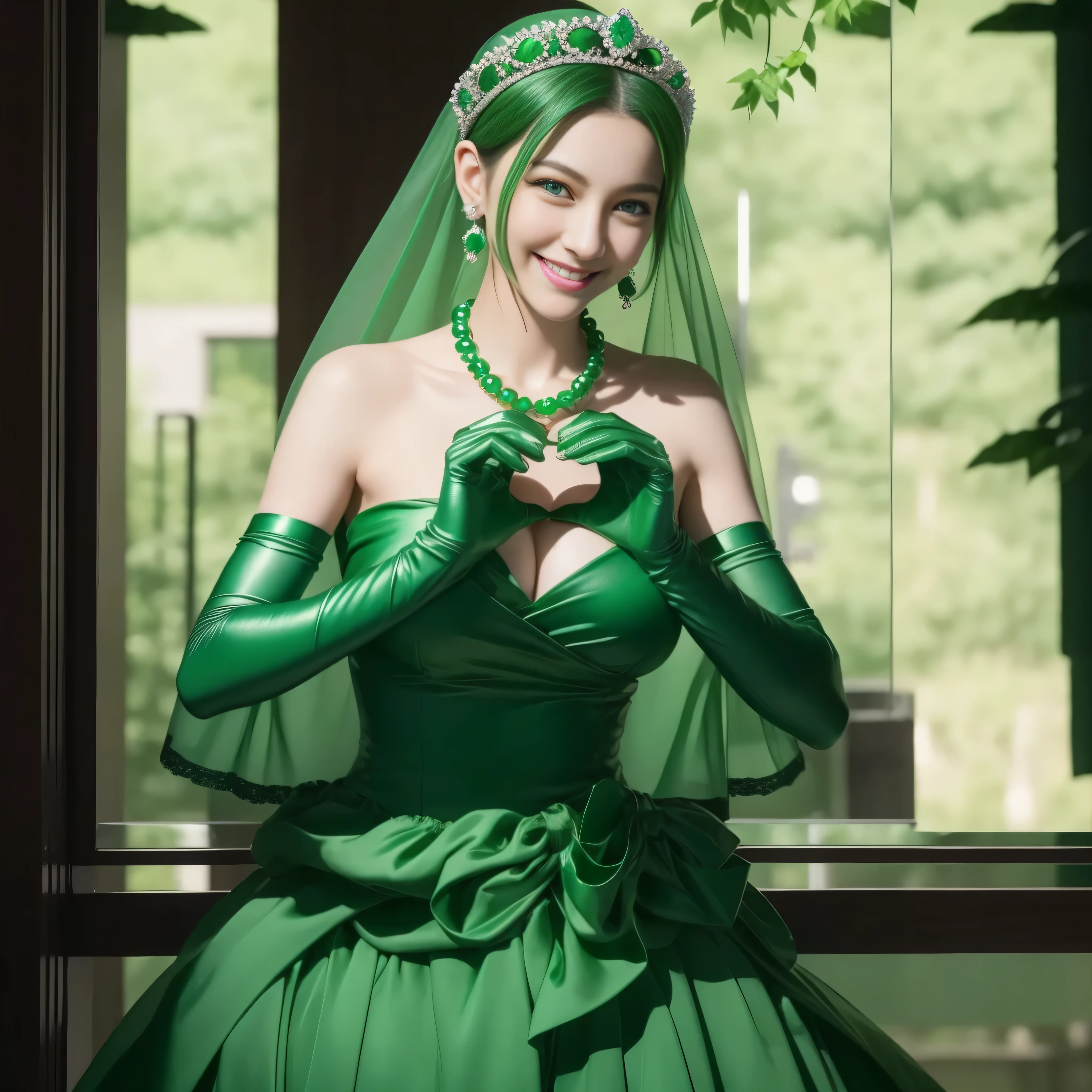 emerald tiara, Green Pearl Necklace, Boyish very short green hair, lipsticks, Japan woman smiling, very short short hair, big breasts beautiful, Green eyes, Long green gloves made of satin material, Green eyes, Emerald Earrings, green vale, Heart with both hands
