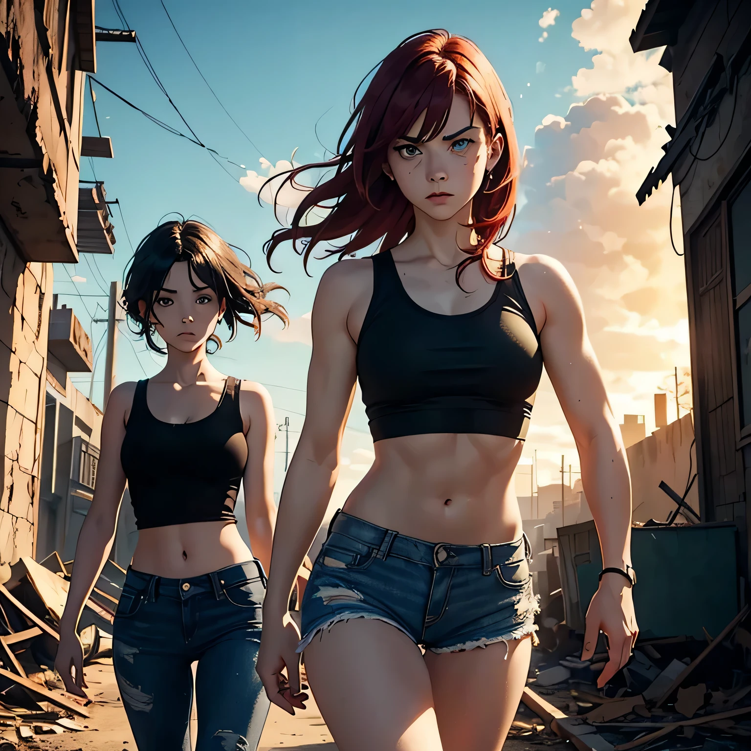 2 girls a 18-year-old girl with medium length, red hair and green eyes. she should be wearing a black tank crop top and black jeans, slightly muscular, a 21 year old girl with black hair and green eyes, She should be wearing a camoflauge pattern tank top and black jeans, they should have a natural, angry expressions and be illuminated by soft, golden-hour sunlight, walking through a ruined city, The background should be a post-apocalyptic setting like a ruined city