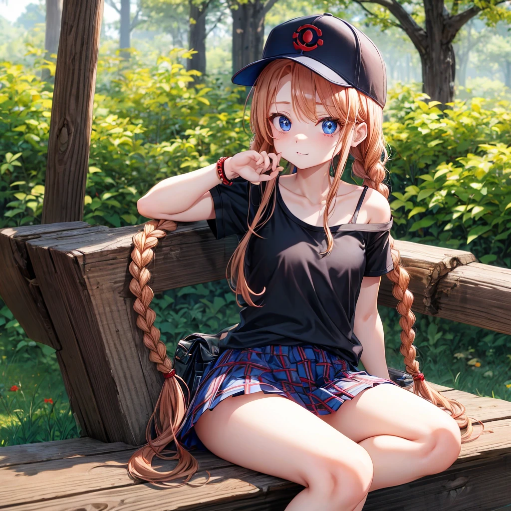 red blonde、blue eyess、Braids、one good looking girl、独奏、animesque、Plaid miniskirt、Black T-shirt、camisole、the woods、Sunlight、sitting on、Wearing a plaid baseball cap、bare-legged、small bracelet、Tilting your face