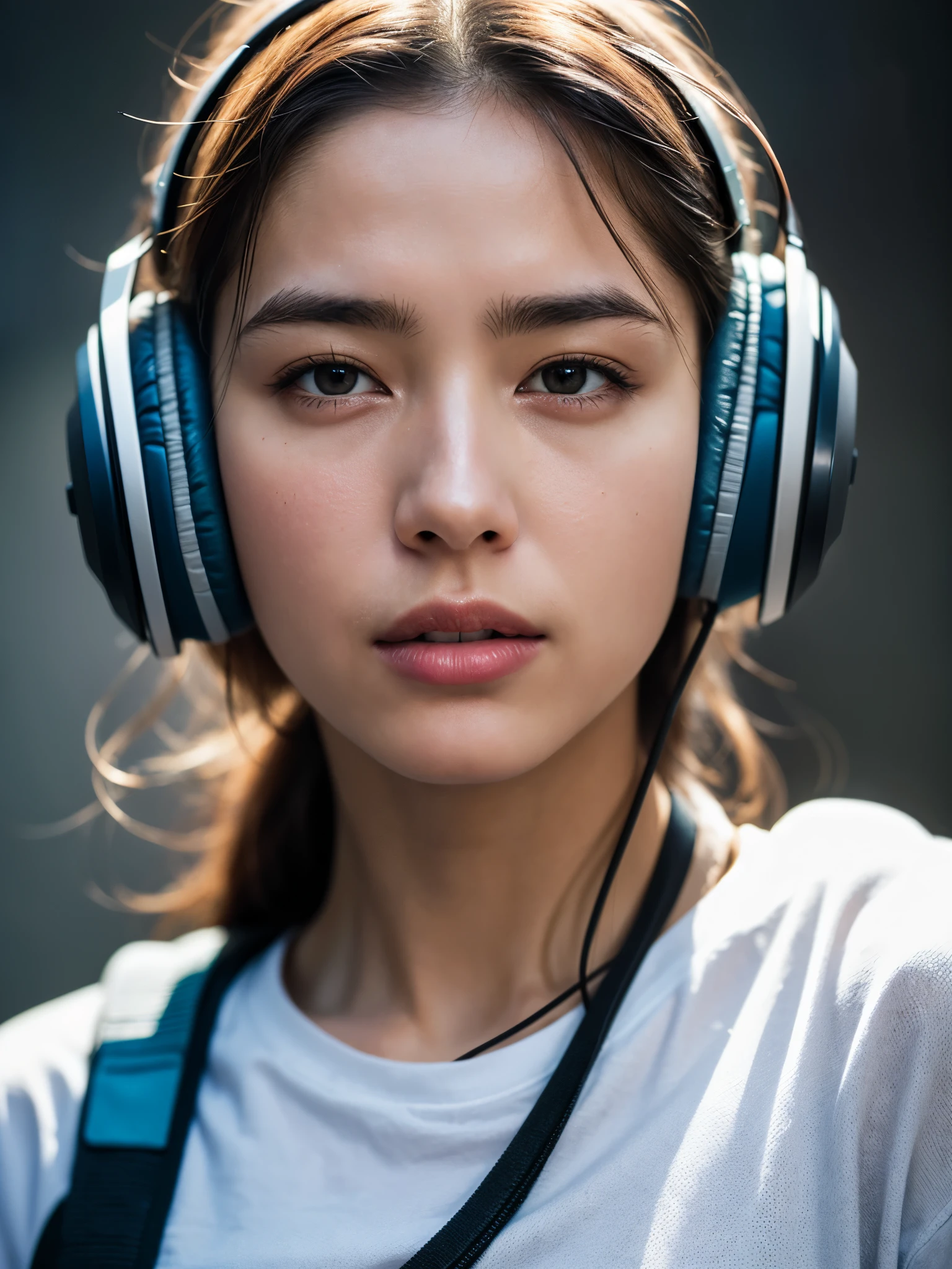 dressed, (photo realistic:1.4), (hyper realistic:1.4), (realistic:1.3), (smoother lighting:1.05), (increase cinematic lighting quality:0.9), 32K, 1girl,20yo girl, realistic lighting, backlighting, light on the face, ray trace, (brightening light:1.2), (Increase quality:1.4), (best quality real texture skin:1.4), finely detailed eyes, finely detailed face, finely quality eyes, (tired and sleepy and satisfied:0.0), face closeup, t-shirt with headphones, (Increase body line mood:1.1), (Increase skin texture beauty:1.1)