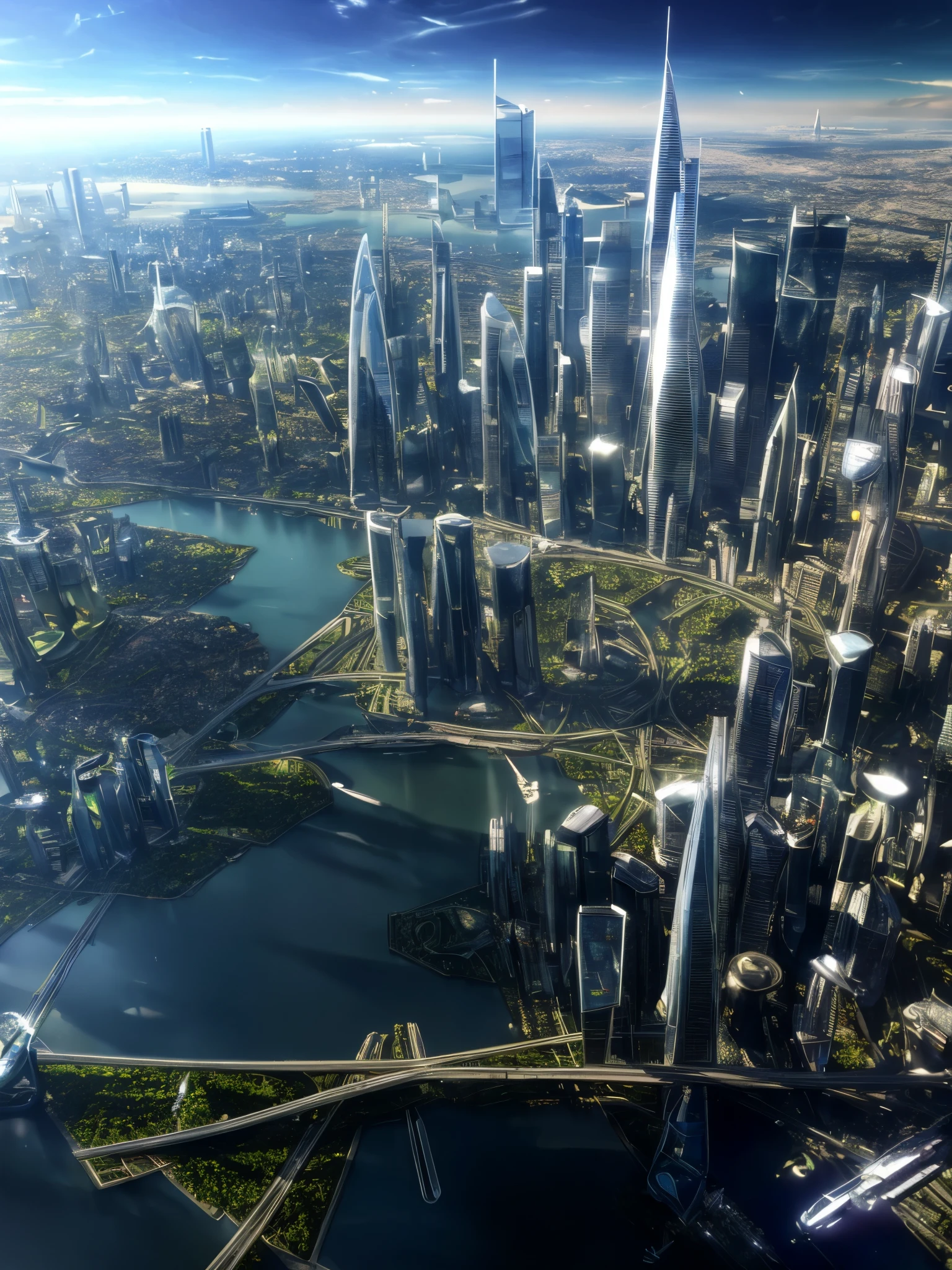 Best quality at best,4K,8K,A high resolution,On the table:1.2),ultra - detailed,(actual,realisticlying,真实感:1.37),cyber punk perssonage,epcot,Tall skyscrapers,Skyscrapers soar into the sky，planet earth,sci fi art,huge waterfalls，lmaginative,sci-fi fantasy,The city of the future,A high resolution,Glass-covered skyscrapers of the future tower over the skyline