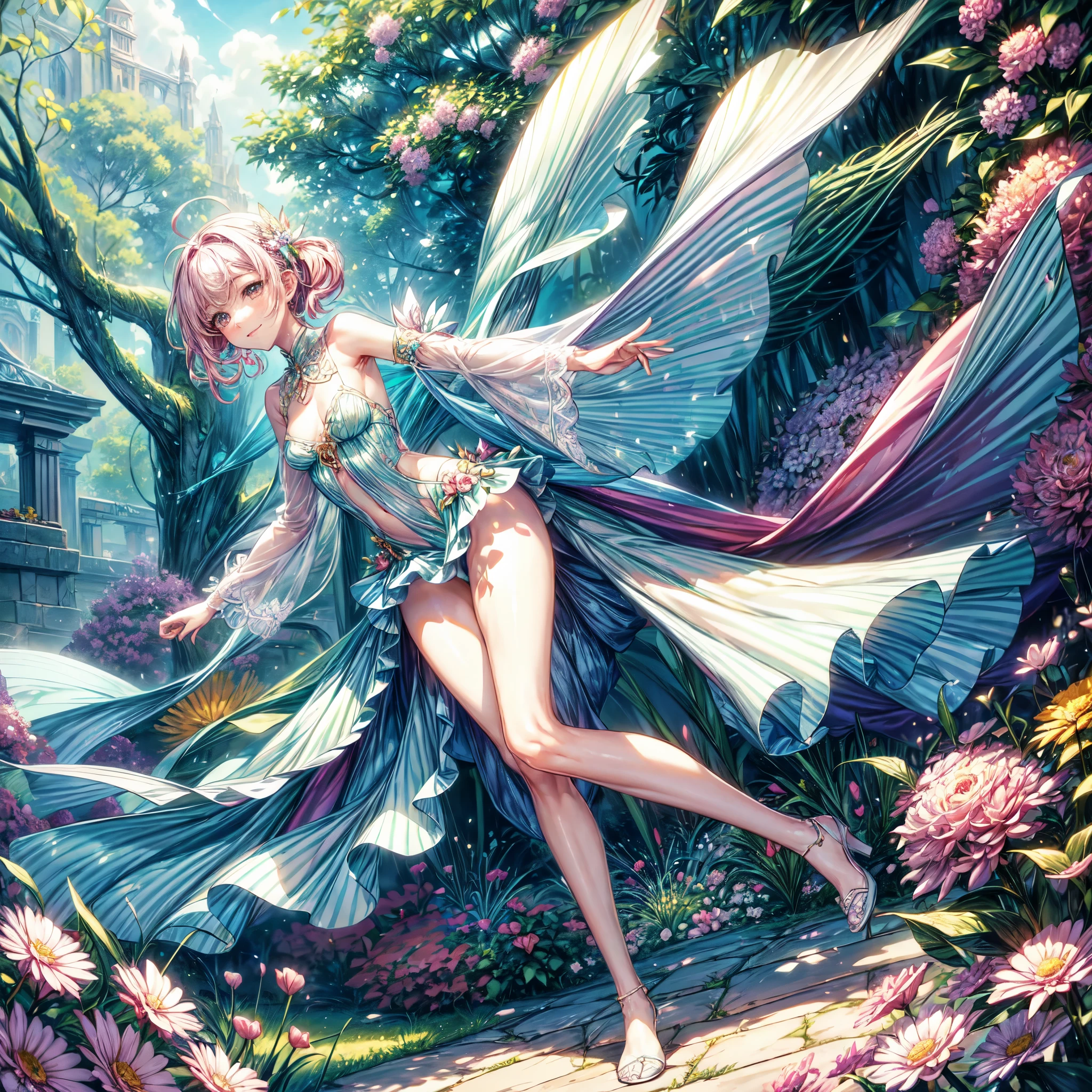(best quality, 8k, masterpiece:1.2, nsfw ), Cutest,Cute girl, mesugaki, Beautiful face, Beautiful eyes, Beautiful hair, Light pink hair, Lots of colorful flowers, sunshine, peaceful garden, summer dress, smiling, golden hour lighting, vibrant colors, happy expression,　
soft breeze, gentle makeup, freckles, blonde hair, flowing dress, pastel colorairytale atmosphere, fluttering butterflies, dreamy atmosphere), vivid greenery, (Showing a delicate slim figure and graceful curves, beautiful long thin legs, smooth legs muscle, thin legs, slender legs:1.3), smile