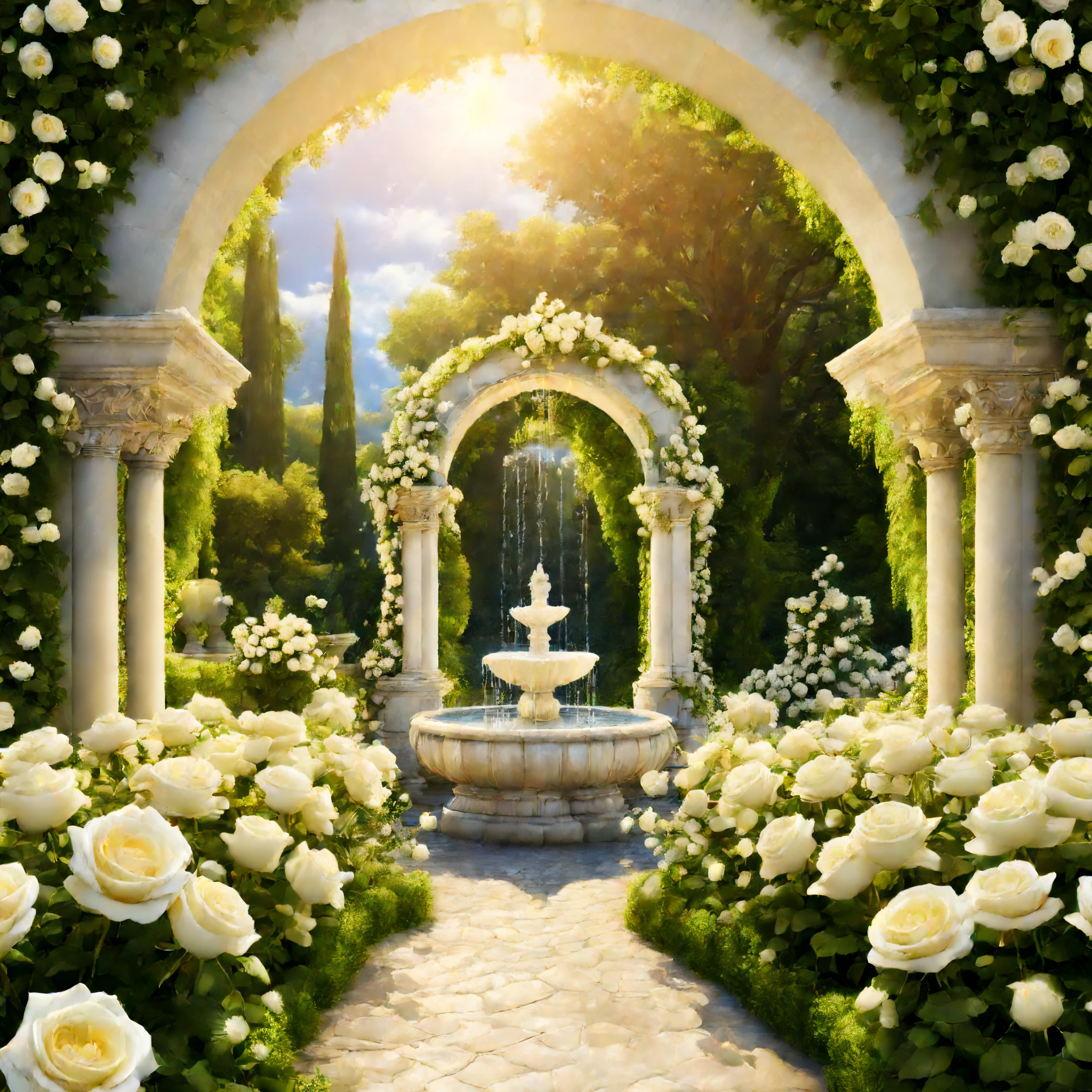 There is a garden，There are fountains and flowers, Portal made of white roses, Romantic art style,landscape artwork, A beautiful artistic illustration, Fountains and arches, royal garden background, White Rose Garden, , beautiful artist rendering, 4K, high high quality, tmasterpiece,