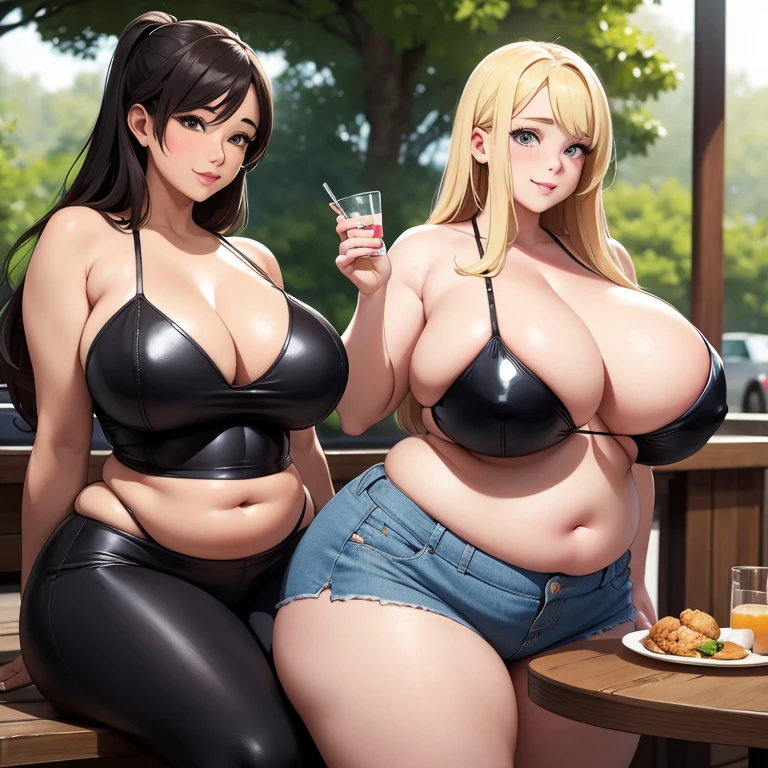 2heads, an overweight woman with 2 heads. She is in a dimly lit bar. She is wearing a tiny tank top, wearing skirt. She has blonde hair in a ponytail. Deep cleavage. She looks young. She is blushing. She looks seductive and lustful. She has big fat perky lips. She is wearing lipstick. She is extremely fat. She has gigantic breasts. Her lips are big and seductive. She is winking. She is tall. Young, gorgeous face. Hard nipples.