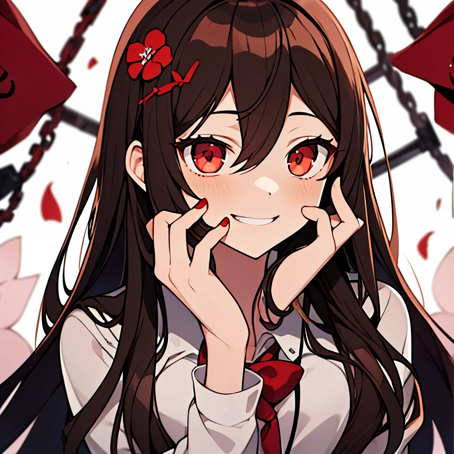 1girl, long brown hair, red eyes, highschool outfit, pretty, creepy smile, yandere, flower clip on hair, looking at viewer, blood on face, dangerous, blood on clothes, hand on cheek, holding knife