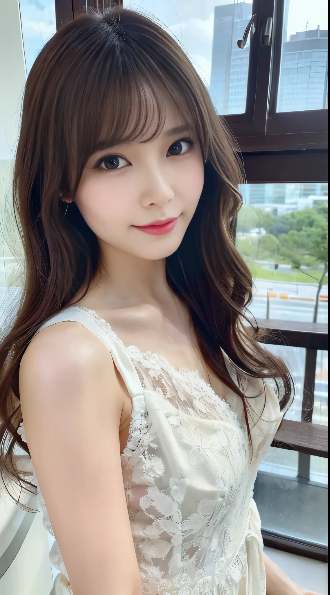(1girll:1.2),(8K, Best Quality, tmasterpiece), (Realistic, Photorealsitic:1.37), ultra - detailed, adolable, 独奏, 可adolable日本人女性,brown haired,By bangs, Curly, Hair on the shoulders, beautiful and delicate eyes,Eyes speak,long eyelasher, ssmile,Moisturizes skin,V Neck White Lace Dress,Magnificent view,Evocative,so sexy,Bright sunshine、细致背景、