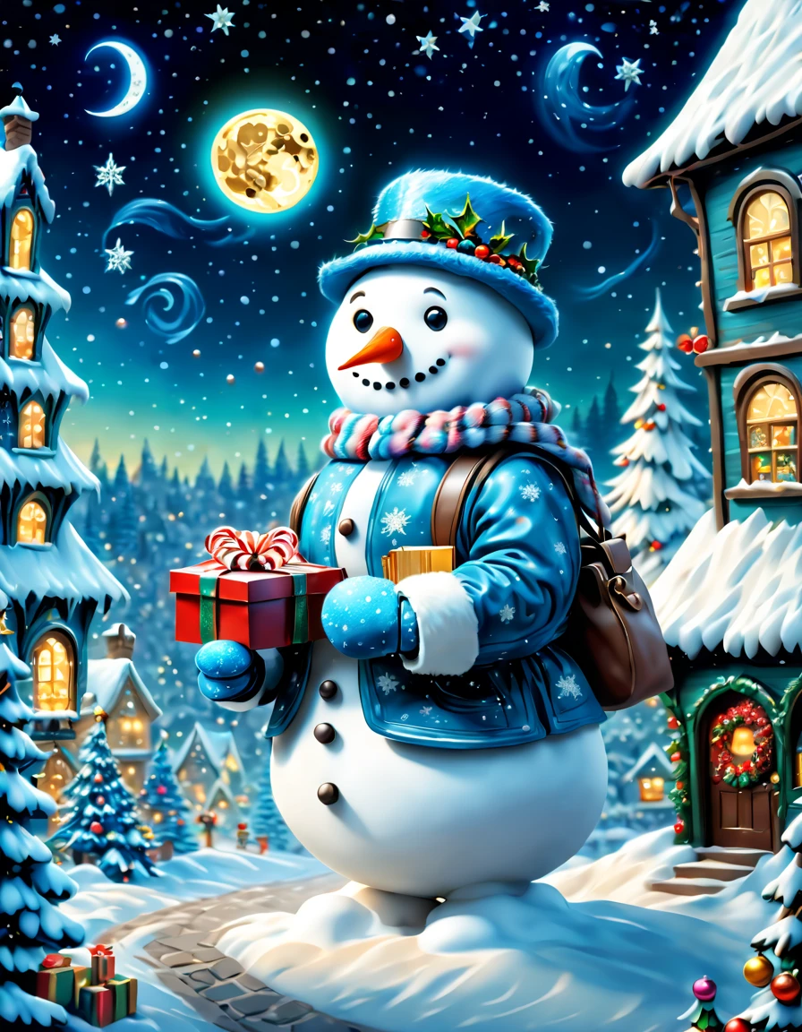 (tmasterpiece),(ultra - detailed: 1.3),Best quality at best,Sparkling,Fantasy Christmas World,(Christmas in the style of Van Gogh: 1.5), themoon,(Snowy night in Christmas town),((Cute snowman holding a book and a bag of candy, Standing in an open gift box,The robin lands on the snowman's head,Christmas elements)),Christmas tree,Sweets and snacks,sucrose,((Christmas gift box)), and decorations, Lovely design style, natta,sky sky,moon full,Shown in this beautiful scene, Vibrant colors,1.Realism increased by 4 times,hyper HD,(Very meticulous,Reasonable design,Clear lines,High- sharpness,tmasterpiece,offcial art,movie light effect,8K, Ultra-high saturation,Super high natural saturation)