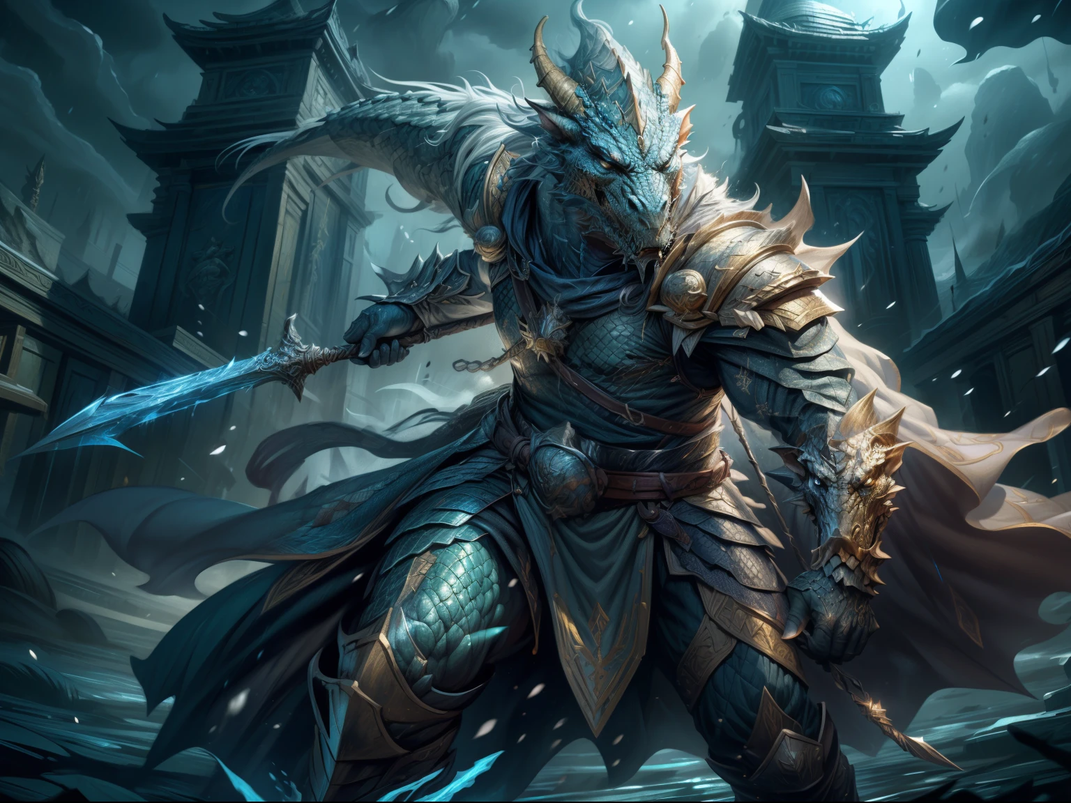 arafed high details, best quality, 8k, [ultra detailed], masterpiece, best quality, (extremely detailed), dynamic angle, ultra wide shot, photorealistic, RAW, fantasy art, dnd art, fantasy art, realistic art, a wide angle picture of a dragonborn paladin ready for battle, full body  (intense details, Masterpiece, best quality: 1.5), D&D dragonborn, silver scales dragonborn, dynamic eyes color, reptilian eyes, wearing heavy armor, wearing cloak, long cloak, flowing cloak, dynamic colors, armed with sword  (intense details, Masterpiece, best quality: 1.5), holy avenger sword, sword have yellow magical aura (intense details, Masterpiece, best quality: 1.5), holding a shield  (intense details, Masterpiece, best quality: 1.5), dark temple, evil temple  background, sense of action, atmosphere of danger