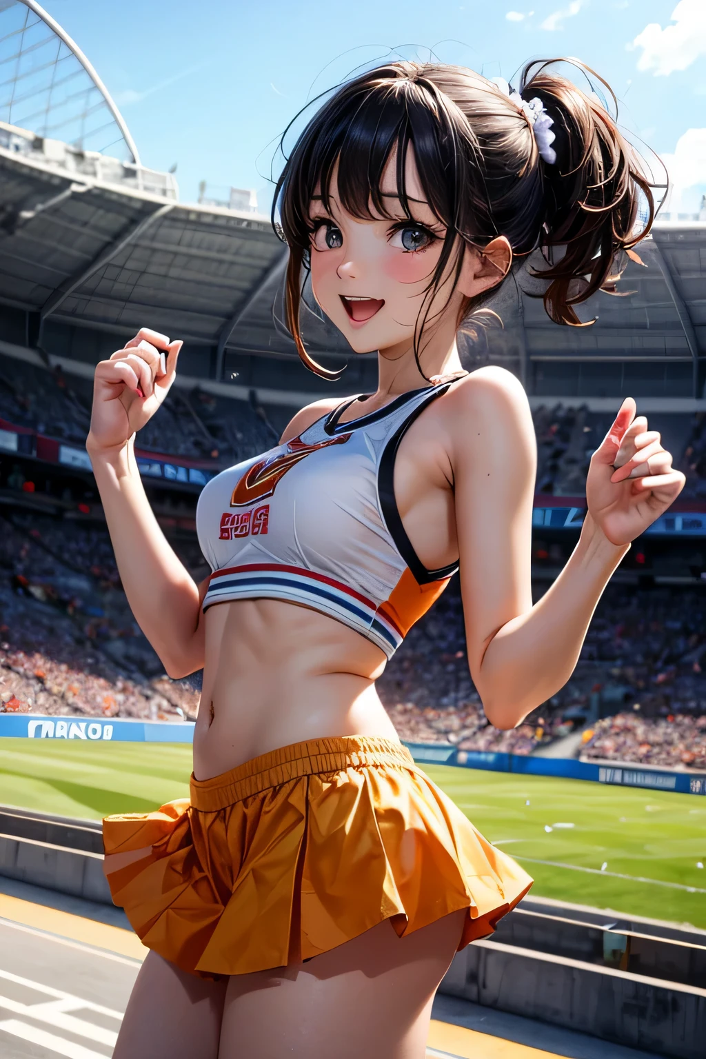 very cute and beautiful cheerleader girl,(very detailed beautiful face and eyes:1.2),(holding a pom pom:1.2),(Laugh), (Stadium Stand),Cowboy Shot,Dynamic Pose,(orange sleeveless shirt),Beautiful legs,White panties,Dynamic Angle,Black hair, (Best Quality,masutepiece:1.2),Intricate details,Extremely detailed,Ultra-detailed,hight resolution,Looking at Viewer, Natural lighting,Hair fluttering in the wind,Beautiful detailed sky,