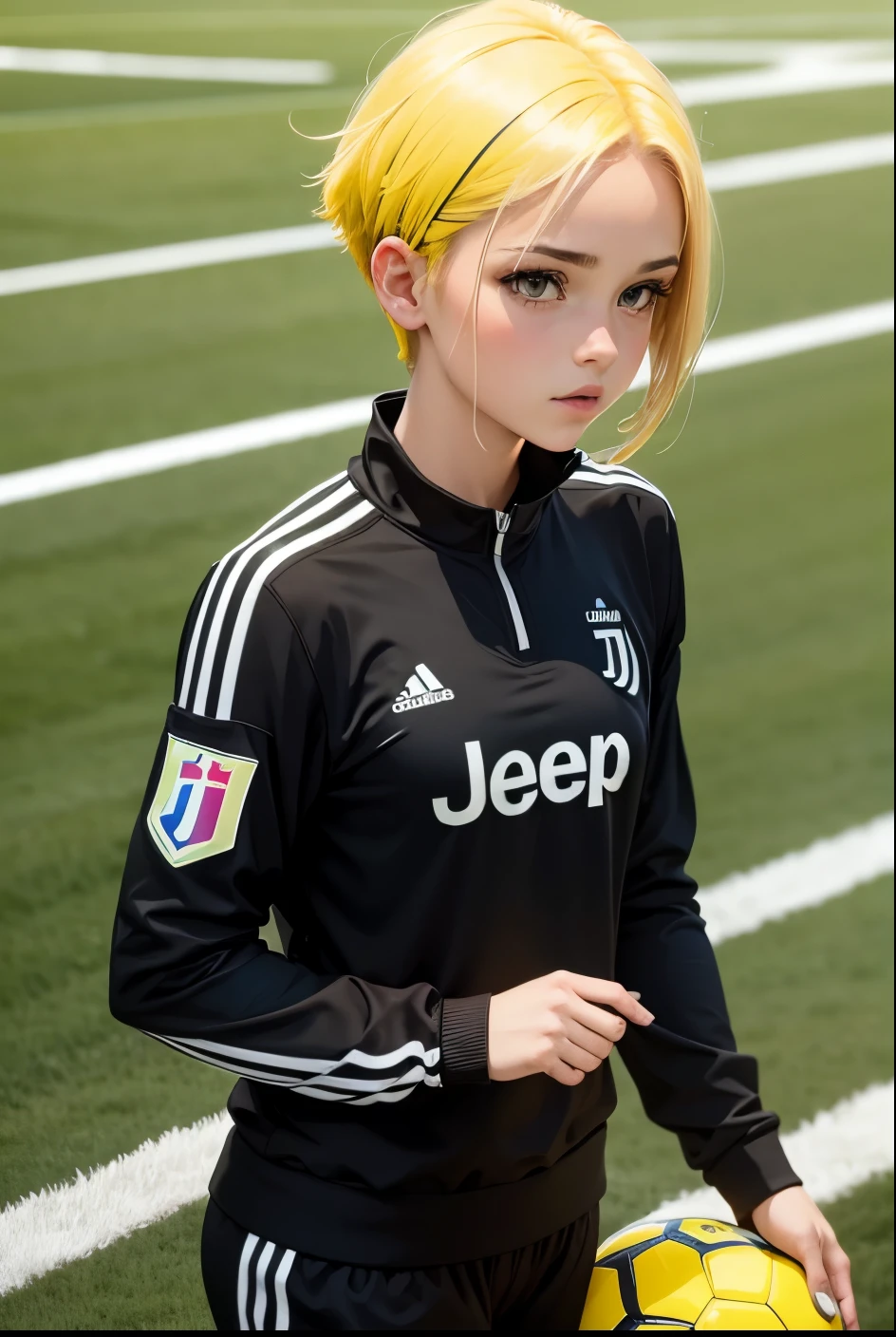 cute girl, soccer player, Wearing a Juventus tracksuit, football, soccer player, Juventus Football Club, Short yellow hair, on the field, Girl playing, A beautiful picture on the field, like a picture of one of the famous players