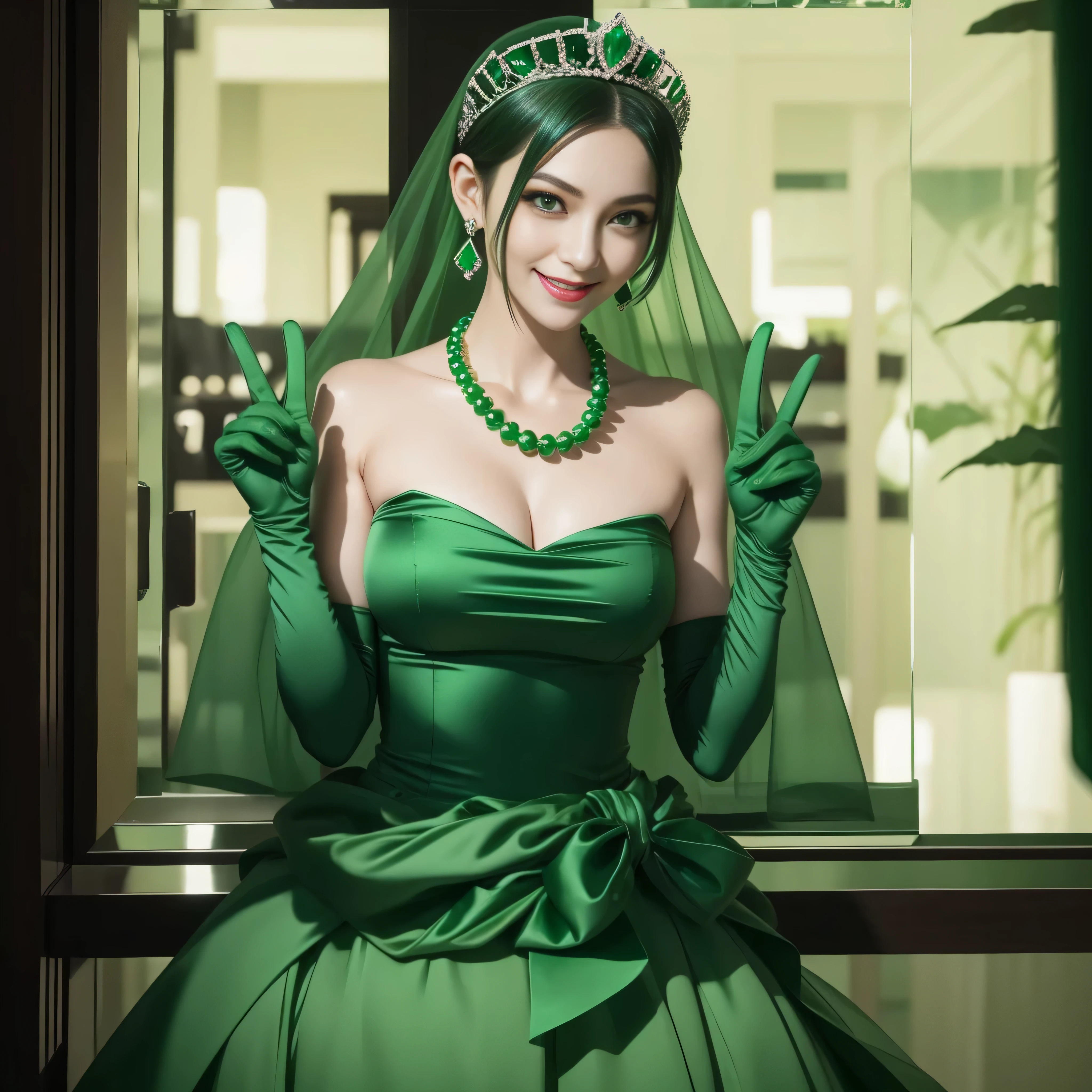 emerald tiara, Green Pearl Necklace, Boyish very short green hair, lipsticks, Japan woman smiling, very short short hair, big breasts beautiful, Green eyes, Long green gloves made of satin material, Green eyes, Emerald Earrings, green vale, v sign
