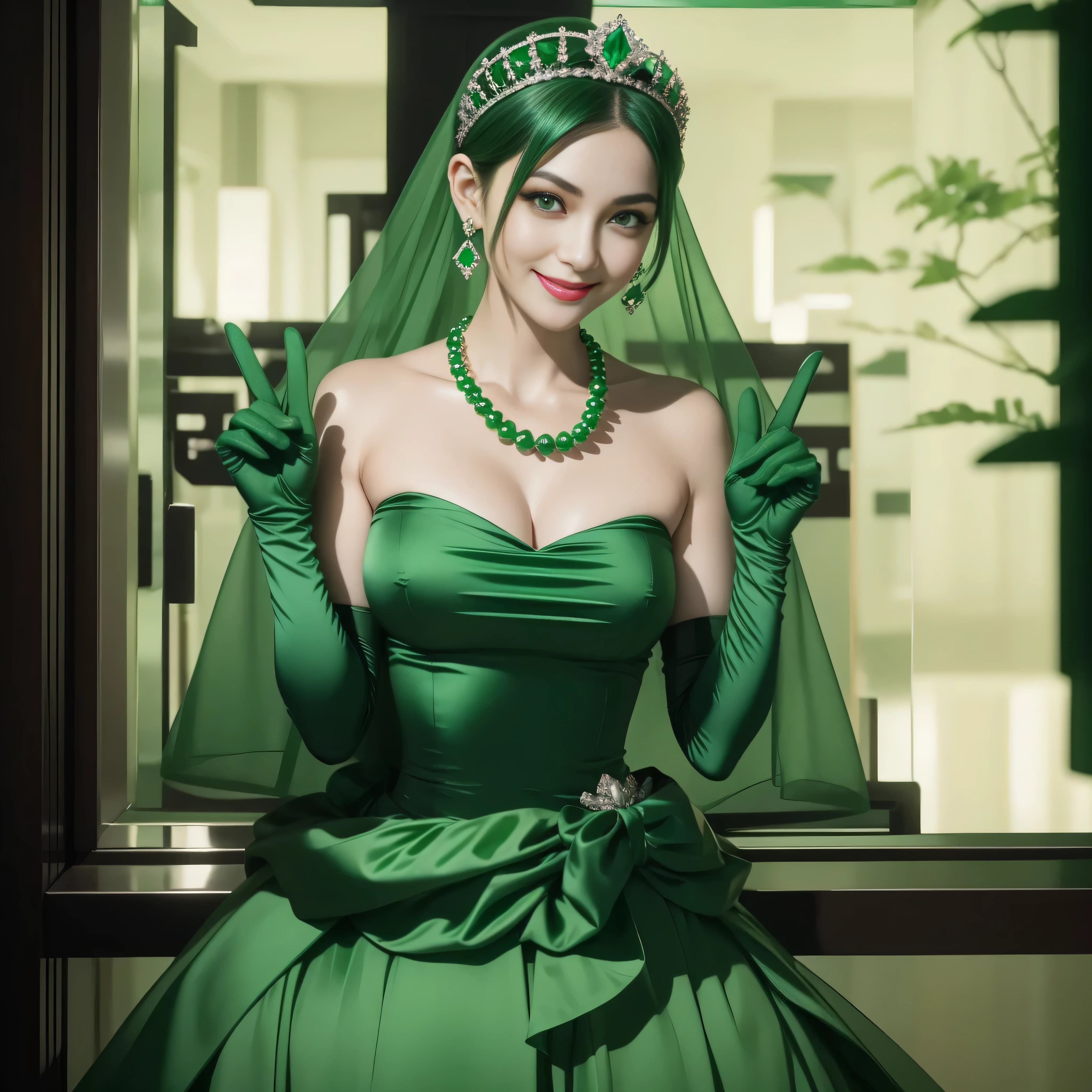 emerald tiara, Green Pearl Necklace, Boyish very short green hair, lipsticks, Japan woman smiling, very short short hair, big breasts beautiful, Green eyes, Long green gloves made of satin material, Green eyes, Emerald Earrings, green vale, v sign