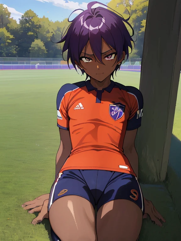 (((Official art,superfine illustration,hight resolution, masutepiece, best qualtiy,Best Quality,)))hightquality, detaileds, (A little boy),12 years old, A young ace striker male idol with a super cute face,A boy as beautiful as Planding, Cool handsome face with smile, soccer spike, Long legs, thighs thighs thighs thighs, Foots, Bulge, (Purple hair、Spiky hairstyle)、Shiny hair, (tight shiny orange soccer uniform suit), (tight and shiny soccer shorts), (Soccer Socks), tussock, Cool pose, (厚いthighs thighs thighs thighs、Seduce your big ass to your crotch)、(((soccer field in the park)))、((cocky、))、Smirk、Spread legs,Ultra-fine painting, (Best Quality, 4K, 8K, hight resolution, masutepiece:1.2),(((Being aware of the sexual gaze of middle-aged gay men)))、Service Shots、(((Dark skin)))、((detailedsな目:1.2))、kawaii eyes、