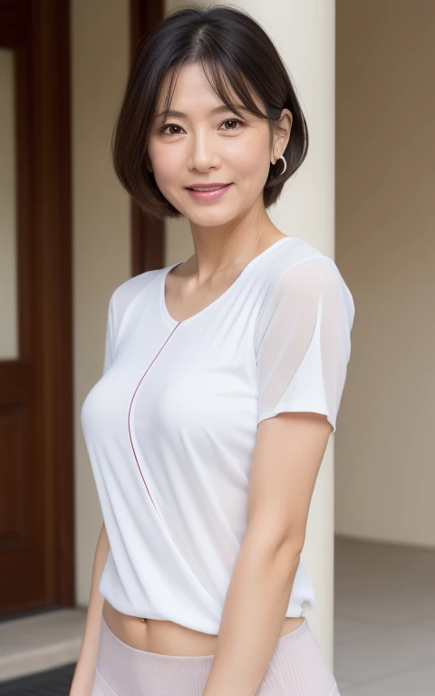 Best Quality, hight resolution, Hires, Skin definition, Detailed skin, Detailed eyes, Detailed face, 4K, 日本人A MILF, ((独奏)), (((55 years old))), (Wrinkles at the corners of the eyes:1.6), (nasolabial folds:1.3), A MILF, glamor, A sexy, Chromo-white skin, ((Wavy Longhair)), Looking at Viewer,(((my skin is old))), ((muscles are old)), (((A slender))), ((Saggy udder)), (Saggy buttocks), ((Japanese Models)), 4K, (photoRealistic:1.5), Realistic, nffsw, Beautiful, Bimbo, Perfect makeup, small diamond necklace, piercings, ((children'sＴThe shirt, )), ssmile, Public places,