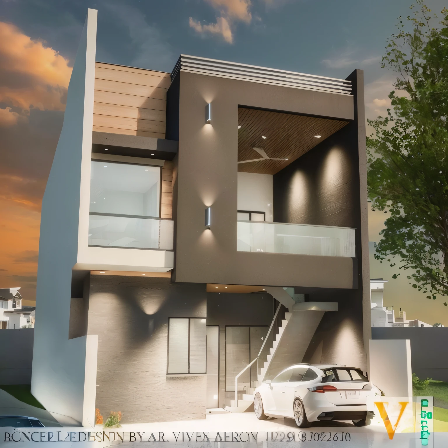 rendering of a modern house with a car parked in front, overall architectural design, inter dimensional villa, architectural visualization, vue 3d render, architectural rendering, 3 d vray render, precise architectural rendering, architectural render, exterior design, architectural visualisation, vue render, architectural 3 d render, contemporary house, v - ray render, concept house, v-ray render