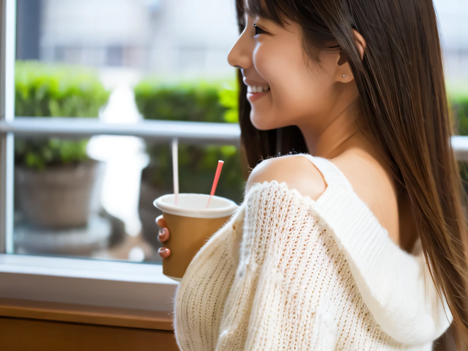 美丽的面容 , ​master piece , Best Quality , Long hair , a matural female , White sweater , Japanese , 24 Private,(((Upper body))) , Smile, in a cafe ,Face profile
