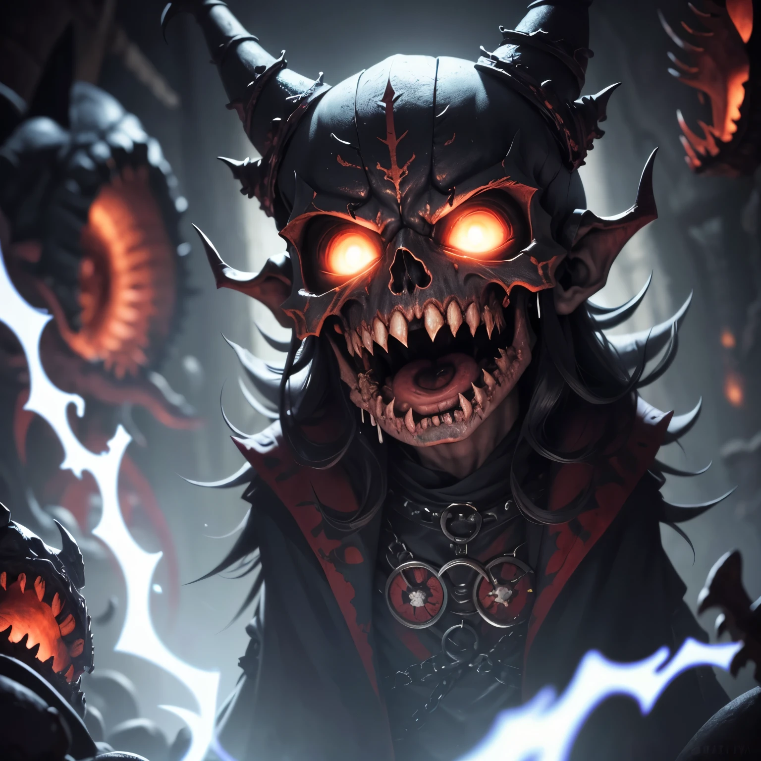 demonio, bestial skull, correntes ensanguentadas, preso, ossos Behemoth, manic eye aberration, membros suturados, tentacles, ossos, dentes, presas afiadas, acorrentado, expression of insanity, loucura, dungeon dungeon environment, 8k, qualidade ultra HD.