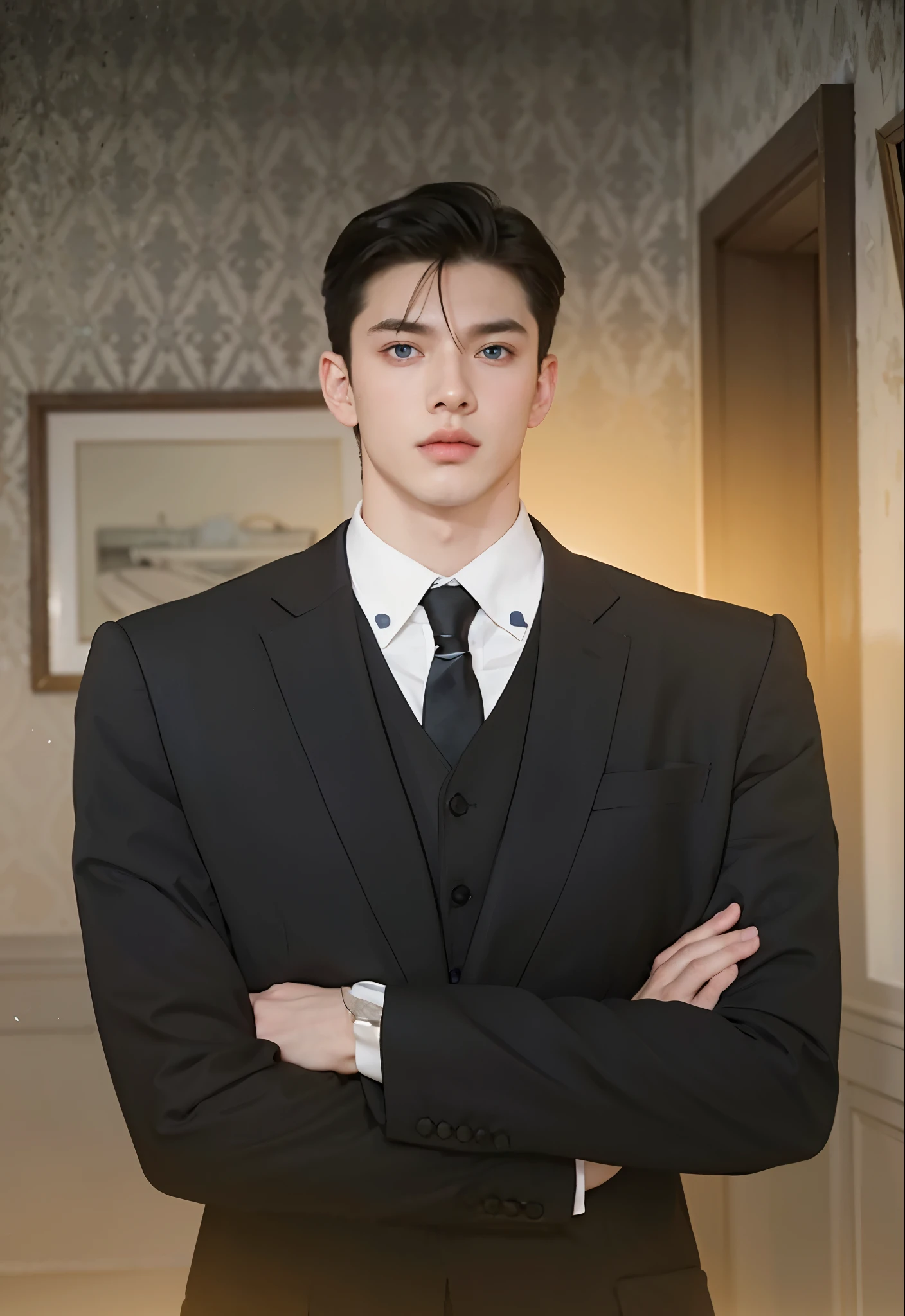 Masterpiece,1boy,male,has the face of a stern American man,blue eyes,staring with a cold gaze,putting on a flat and mysterious face,white skin,mature man with a firm face,25 years old,glowing skin,steady,best quality,portrait of a man,clean man