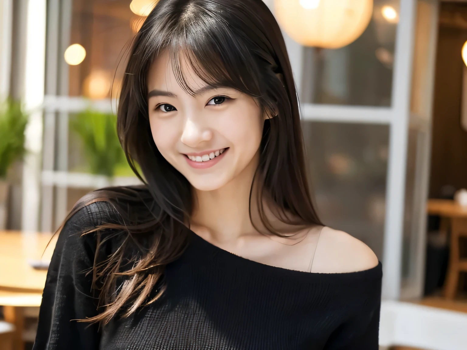 美丽的面容 , ​master piece , Best Quality , Long hair , a matural female , Black sweater , Japanese , 24 Private,(((Upper body))) , Smile, in a cafe ,Face profile