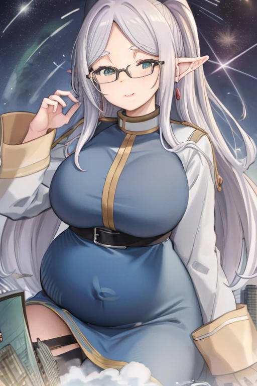 (Masterpiece) Giant maiden,Moe two-dimensional style,Pregnancy status,Round belly, Huge breasts, Thick thighs,Gaze at the bustling city, Lying down, Glasses, Full body