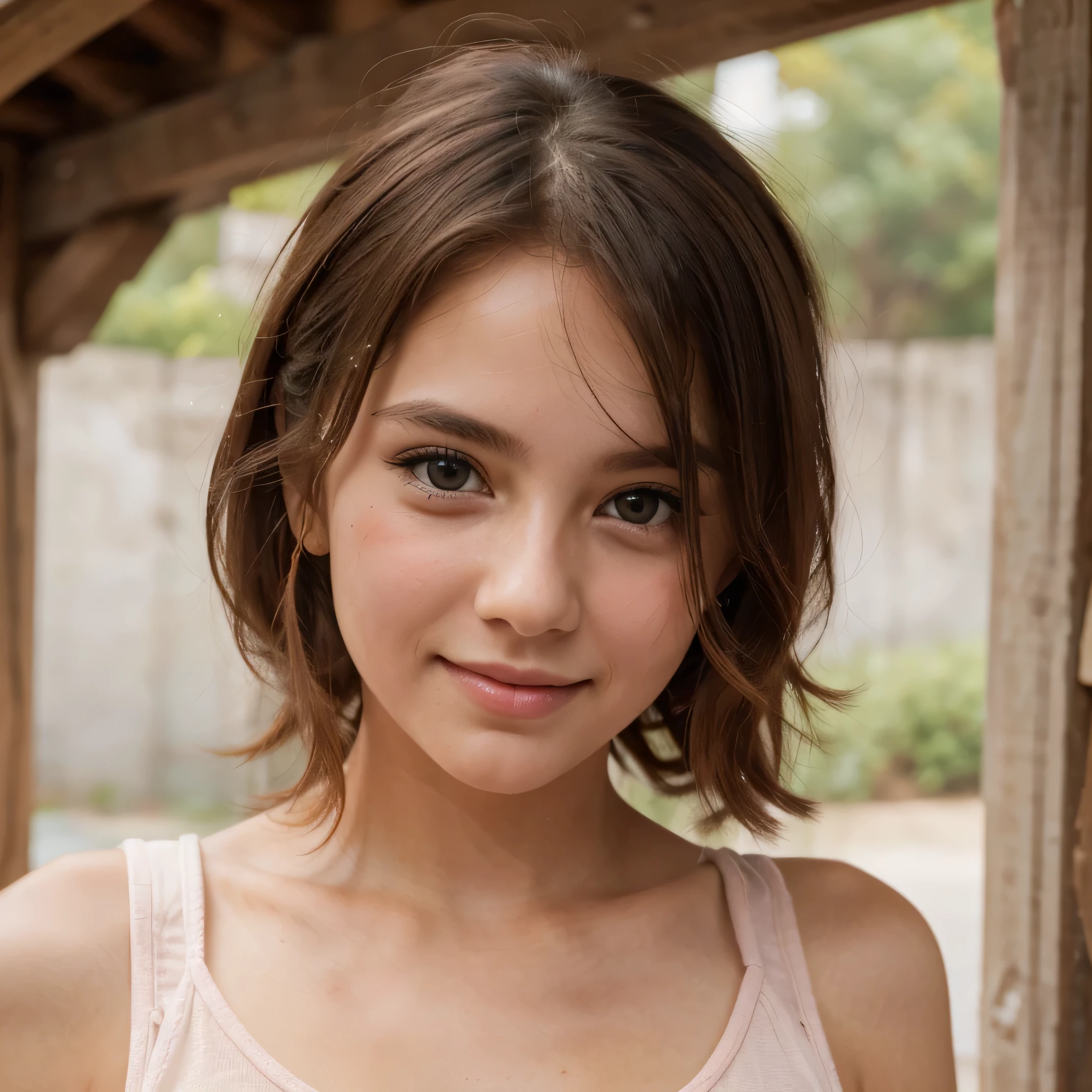 a clear pic of a beautiful girl she is looking in to the camara. reyalistic and raw image with 8k. its like a profile picture. the picture starts from the head and stops near the vest. she is giving a cute smile. she wares a sleve less dress. her face is stright to the camera. (the model loooks so beautiful and she is blushing.), a slight pink colour on her cheeks when she is blushing