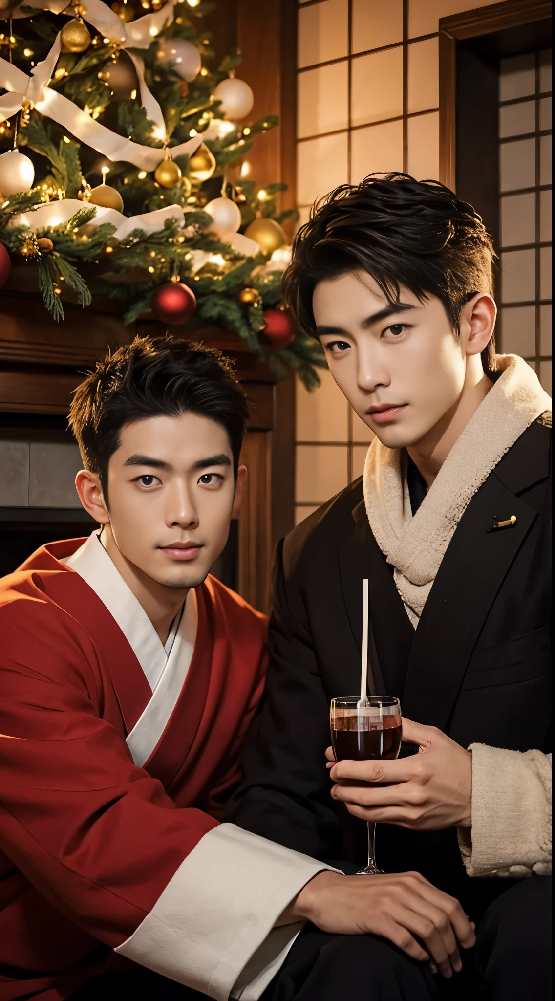 Two Japanese men, handsome, muscular, fireplace, Christmas, celebration, portrait