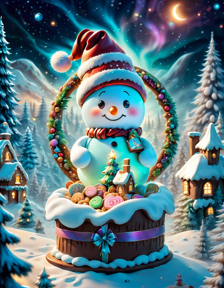 Best quality, 8K, A high resolution, tmasterpiece:1.2), ultra - detailed, (actual, realistically:1.37), Vibrant colors, Magical atmosphere, Whimsical, Sparkling，Fantasy Christmas World, themoon，(Snowy night in Christmas town)，((In the middle of the picture，Cute snowman wearing santa hat，Holding a book and a bag of cookies, Pour cookies into gift box，The chocolate bird lands on the gingerbread man，Christmas elements))，((Christmas tree，Sweets and snacks，sucrose，Christmas gifts)), and decorations, Lovely design style, natta，sky sky，moon full，Shown in this beautiful scene, Vibrant colors, hyper realisitc的, Psychedelic, Complicated details, Beautiful texture, Ethereal, like a dream, Soft glowing light, Charming Patterns, Fantasy creatures, Hidden surprises, dreamlike landscapes, hyper realisitc的 color palette, Mystic aura, hyper realisitc, Enchanting journey, psychedelic trip, vivid imagination, immersive experience, mysterious creature, otherworldly charm, glowing paths, Light up a dreamy and beautiful Christmas, hyper realisitc的天空, Whimsical Christmas elements, a magical encounter, Fascinating artwork