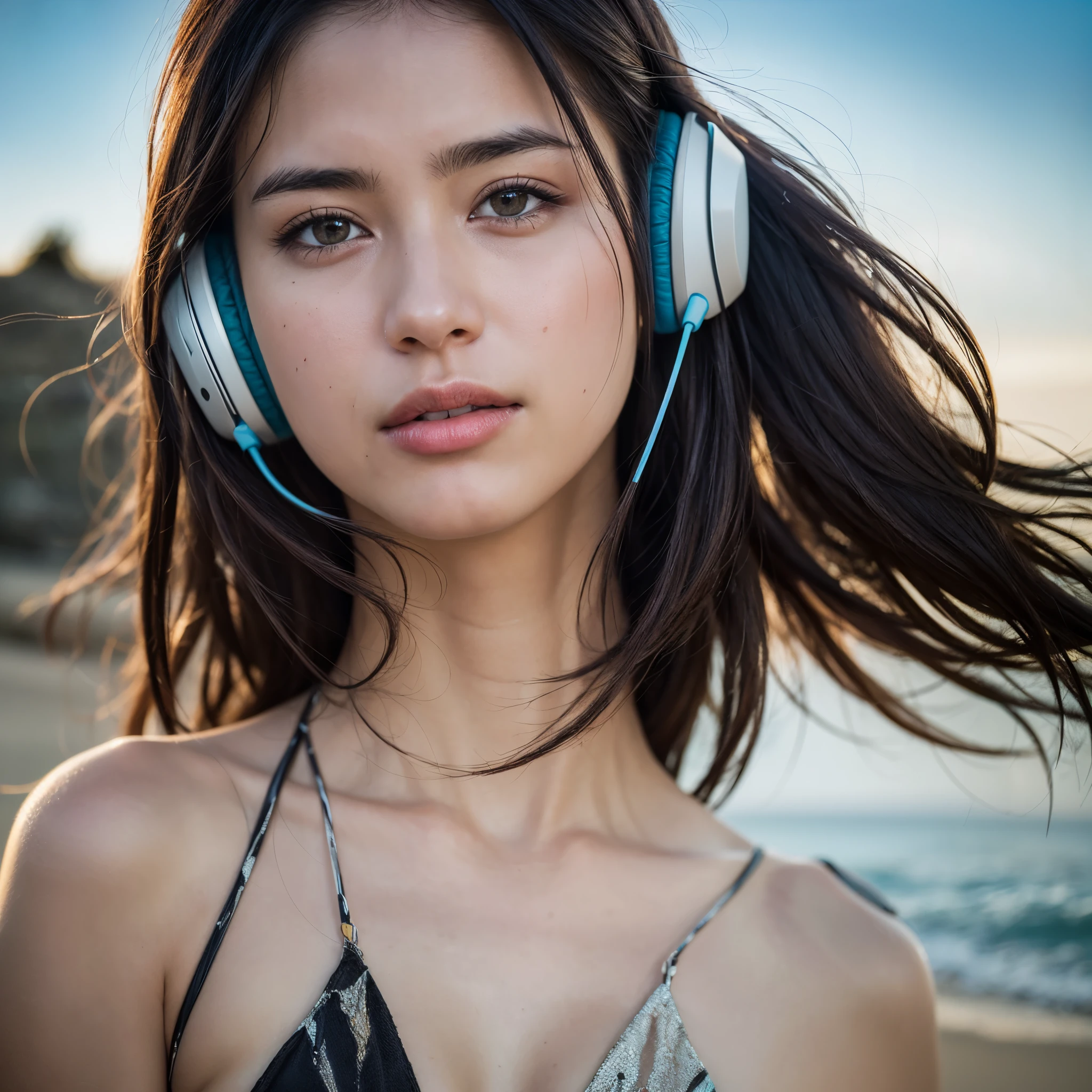 dressed, (photo realistic:1.4), (hyper realistic:1.4), (realistic:1.3), (smoother lighting:1.05), (increase cinematic lighting quality:0.9), 32K, 1girl,20yo girl, realistic lighting, backlighting, light on the face, ray trace, (brightening light:1.2), (Increase quality:1.4), (best quality real texture skin:1.4), finely detailed eyes, finely detailed face, finely quality eyes, (tired and sleepy and satisfied:0.0), face closeup, logging on the beach with headphones, (Increase body line mood:1.1), (Increase skin texture beauty:1.1)