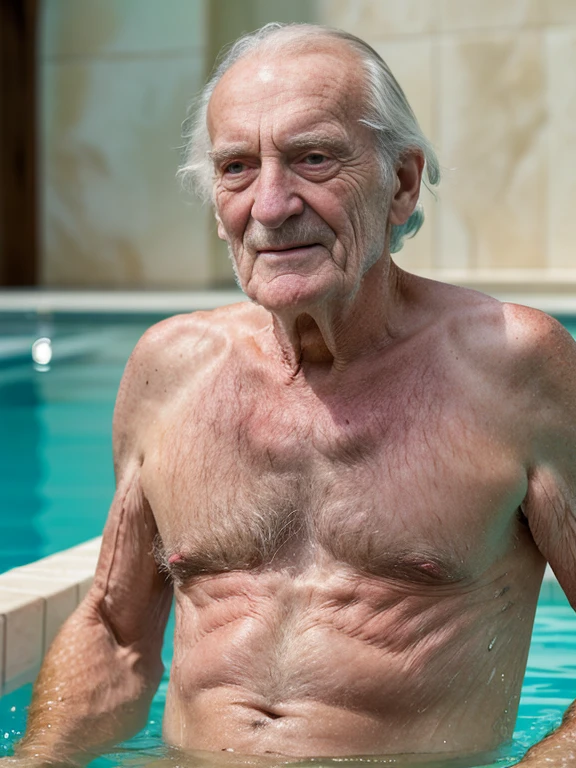 David Bradley, An elder with a long beard and white hair, with a serene face wrinkles, looking producing, body older weak, skinny bones hairy, body naked, his shirt was open to reveal his stomach wrinkles older hairy weak and chest, arms legs neck hands feet skinny old and weak, shy and blushed, Lying in the bath swimming pool,master-piece,4K images,beste-Quality