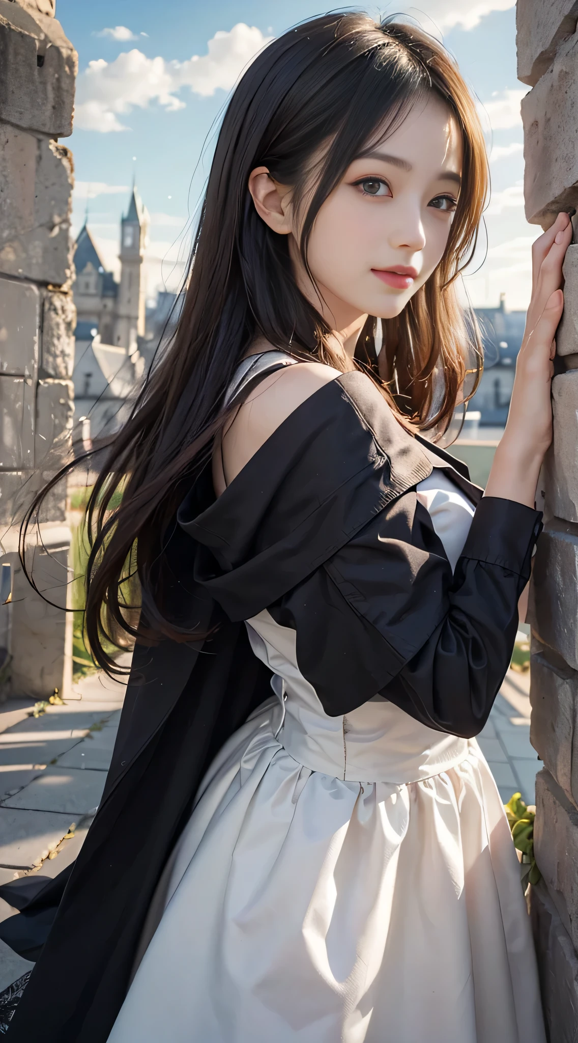 (hyper realisitc)、(Lighting)、(A high resolution)、(8K)、(The content is very detailed)、(Best Best Illustration)、(beautidful eyes)、(quality)、(ultra - detailed)、(tmasterpiece)、(Wallpapers)、(一张Detailed pubic hair脸)、独奏、1 girl in、looking at viewert、Detailed pubic hair、一张Detailed pubic hair脸、In the darkness of the night、Depth shadows、low pitch、purebred face_v1、A smile、long、Black shawl straight hair、46 points oblique bangs, (silk dress、long skirt)(cropped shoulders)The view of the castle、、standing against the wall